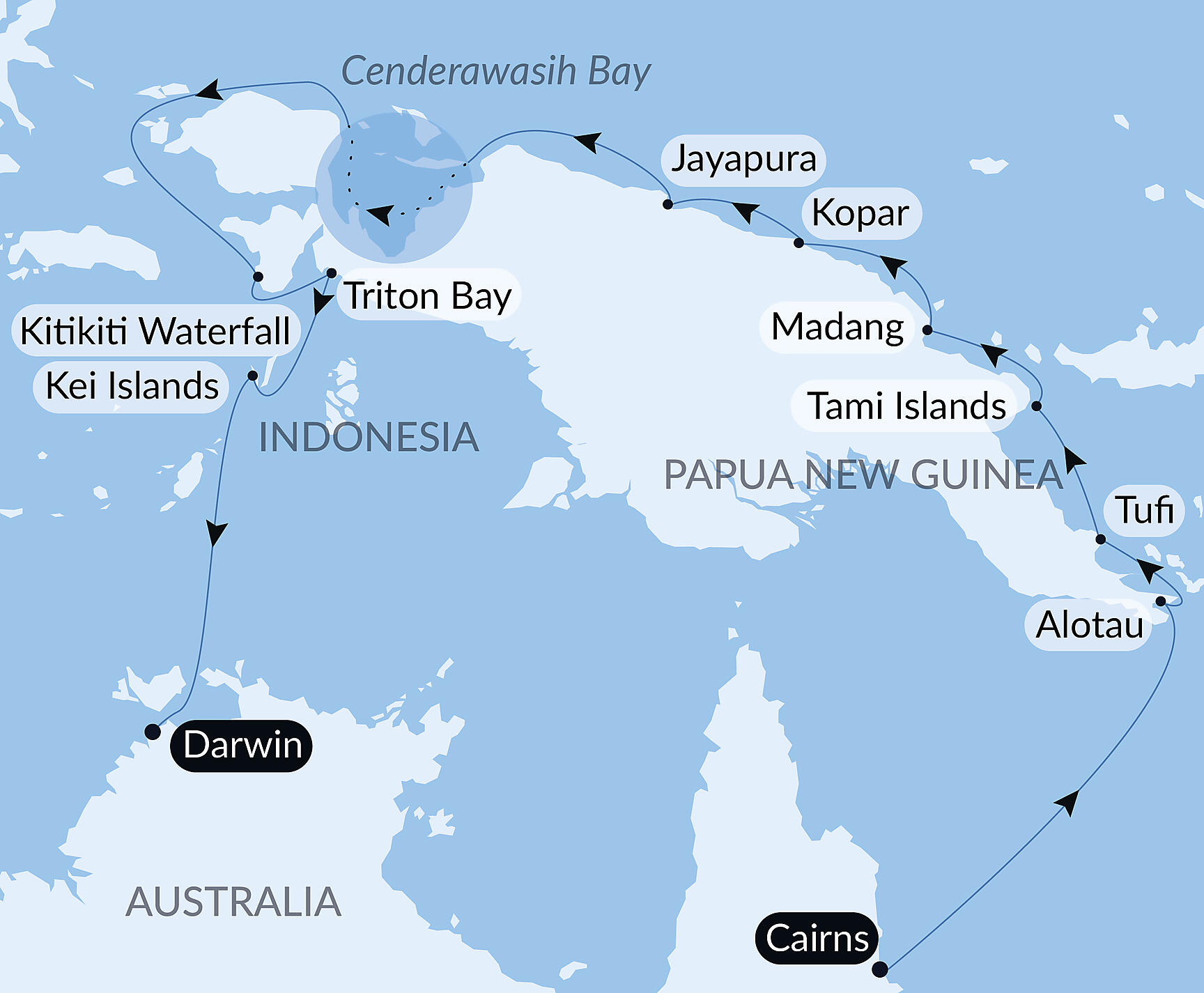 Official PONANT route map for New Guinea Odyssey aboard Le Soléal, Voyage SO241026