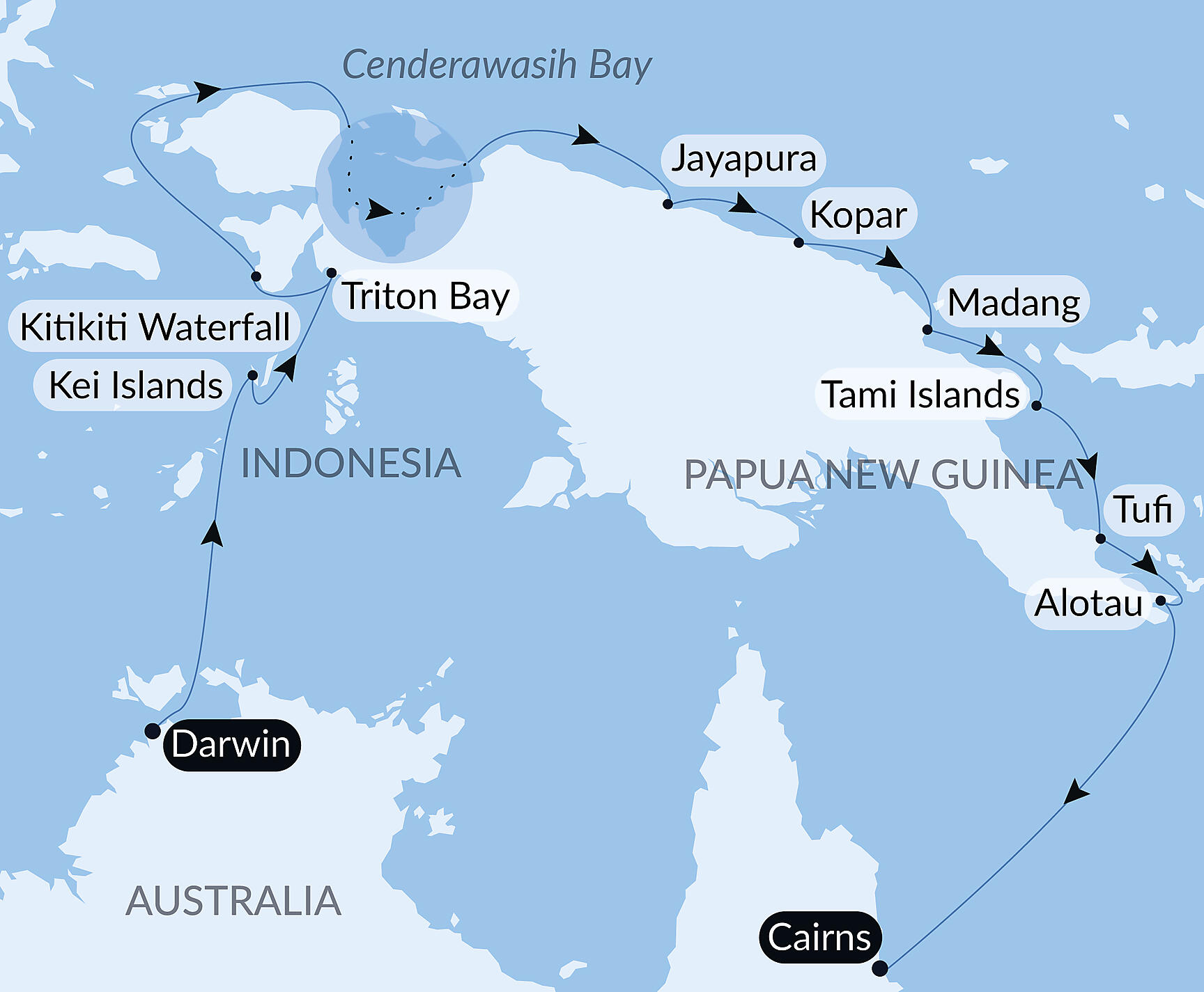 Official PONANT route map for New Guinea Odyssey aboard Le Soléal, Voyage SO280926