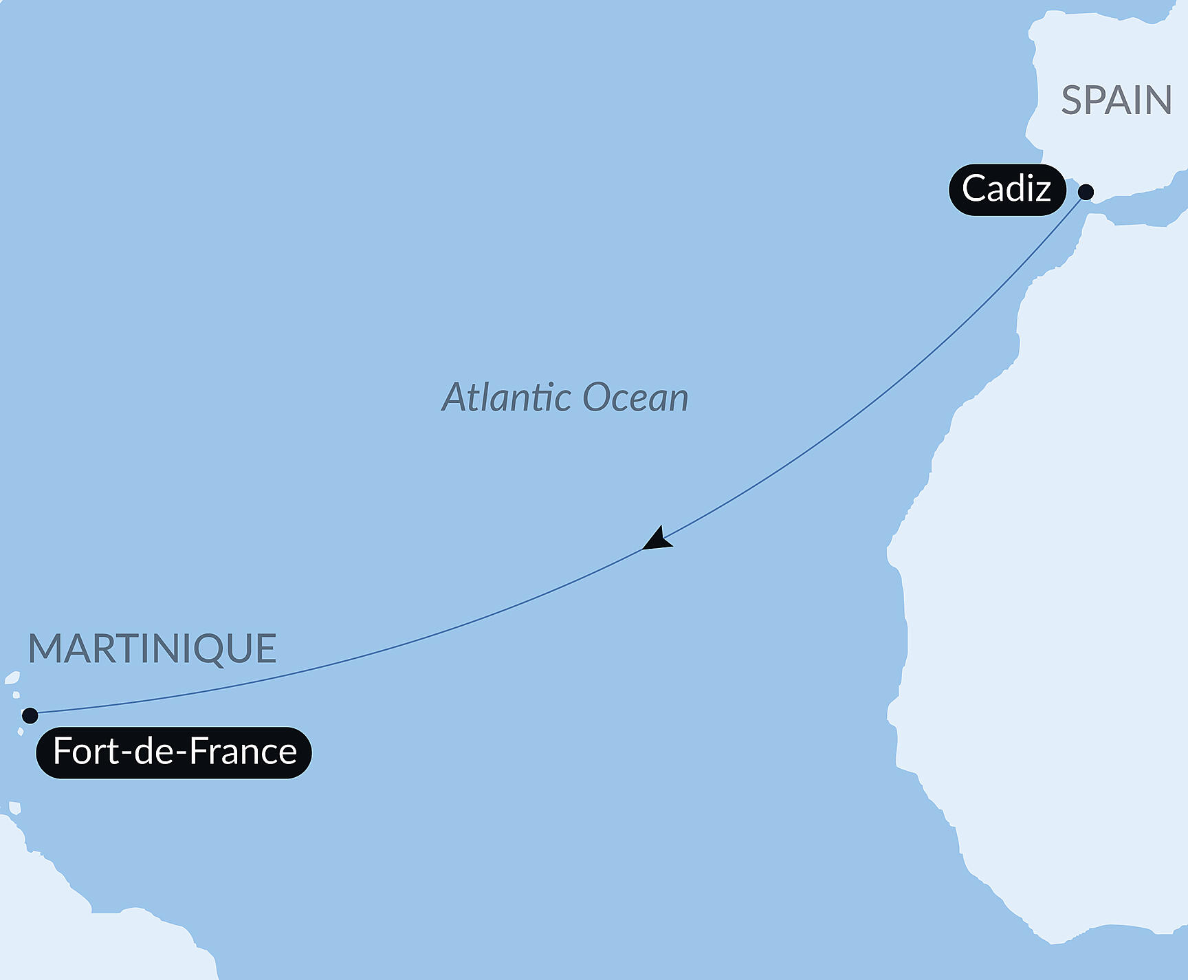 Official PONANT route map for Ocean Voyage: Cadiz - Fort de France aboard Le Bougainville, Voyage EG041226