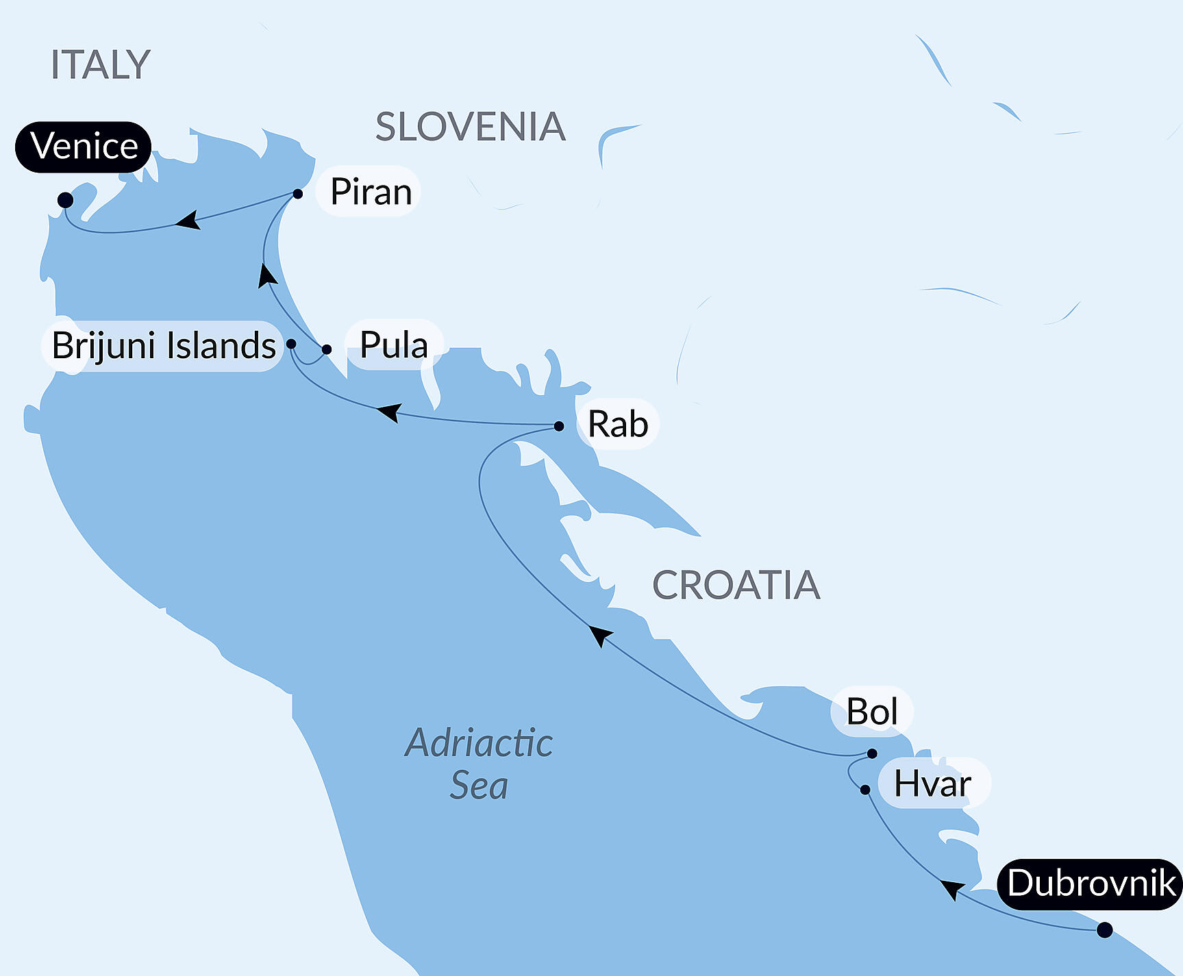 Official PONANT route map for Cities and splendours of the Adriatic aboard Le Dumont d'Urville, Voyage EU040827