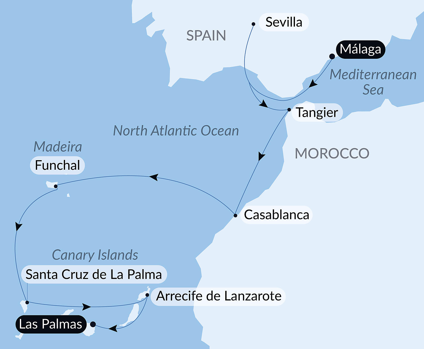 Official PONANT route map for Atlantic Odyssey from the Iberian Peninsula to the Canary Islands aboard Le Boréal, Voyage BO131027