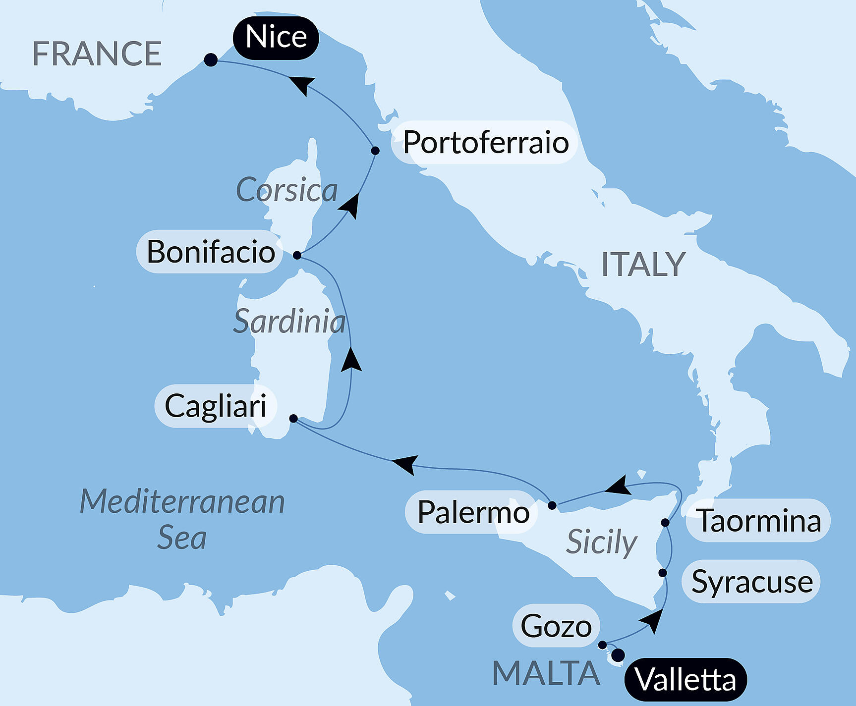 Official PONANT route map for Mediterranean Island Voyage: Sicily, Sardinia, Corsica, and Elba – with Smithsonian Journeys aboard Le Dumont d'Urville, Voyage EU180527