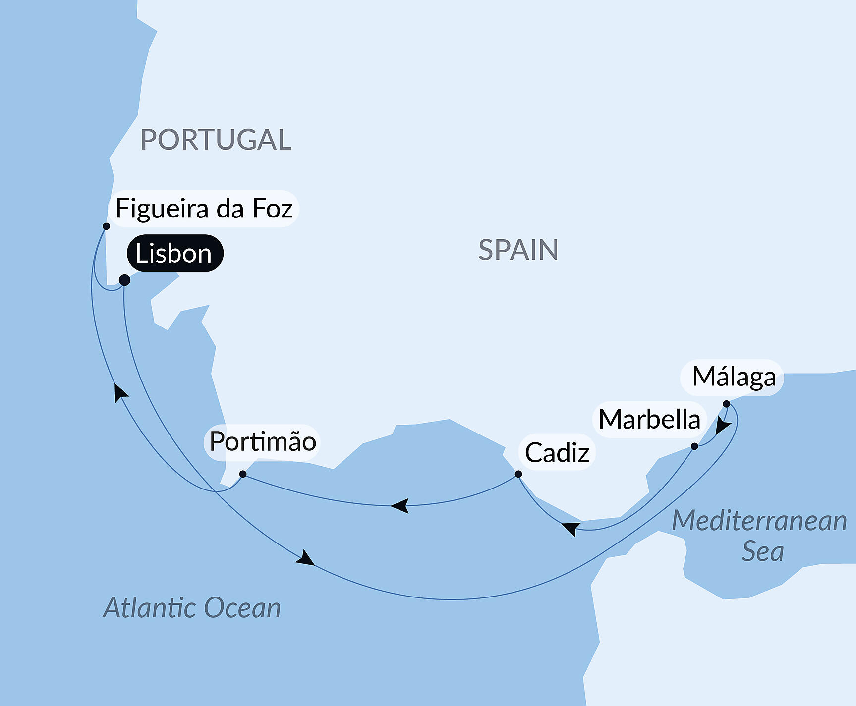 Official PONANT route map for Total solar eclipse between the Mediterranean and the Atlantic aboard Le Lapérouse, Voyage ER310727