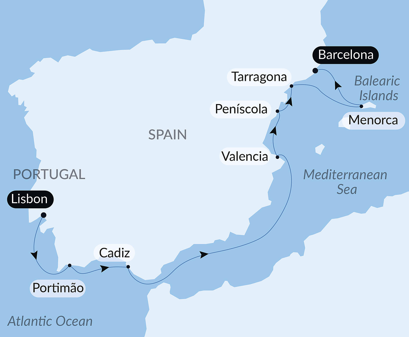 Official PONANT route map for Secrets of the Iberian Peninsula aboard Le Boréal, Voyage BO240827