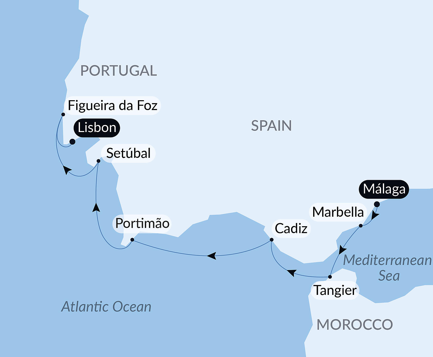 Official PONANT route map for Iberian Peninsula and Morocco aboard Le Boréal, Voyage BO300627