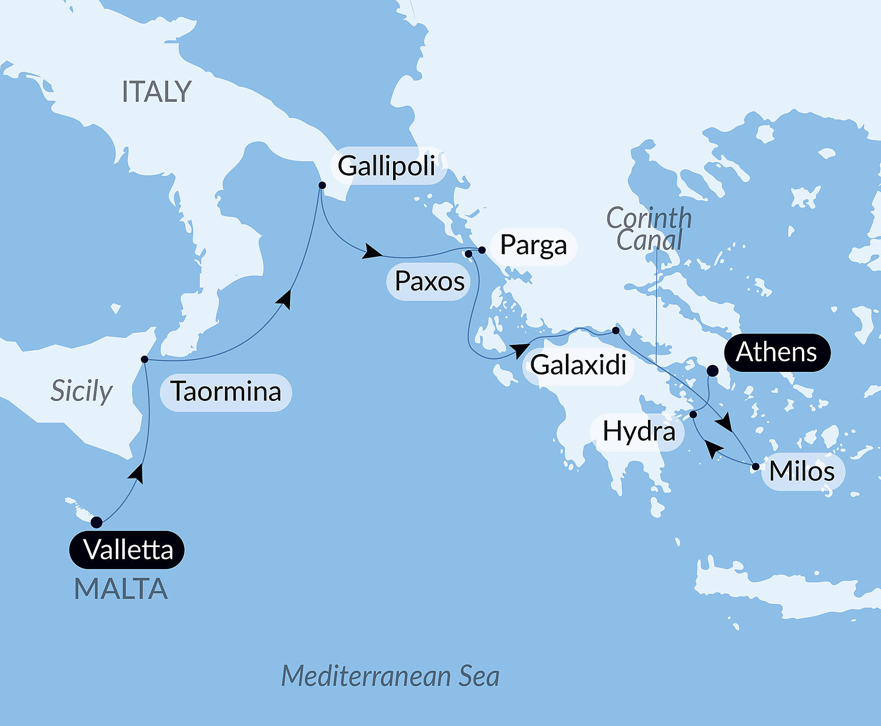 Official PONANT route map for Peaceful islands and ancient treasures of the Mediterranean aboard Le Dumont d'Urville, Voyage EU140627