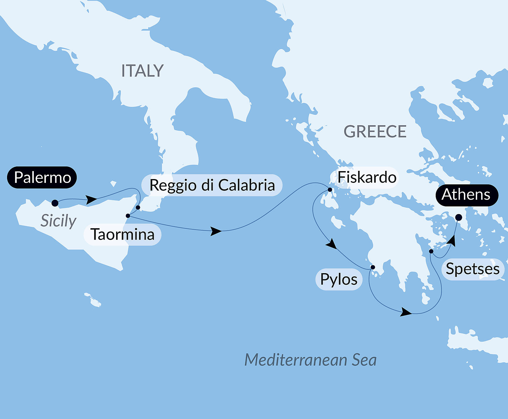 Official PONANT route map for Under Sail from Sicily to the Greek Islands aboard Le Ponant, Voyage PO080627