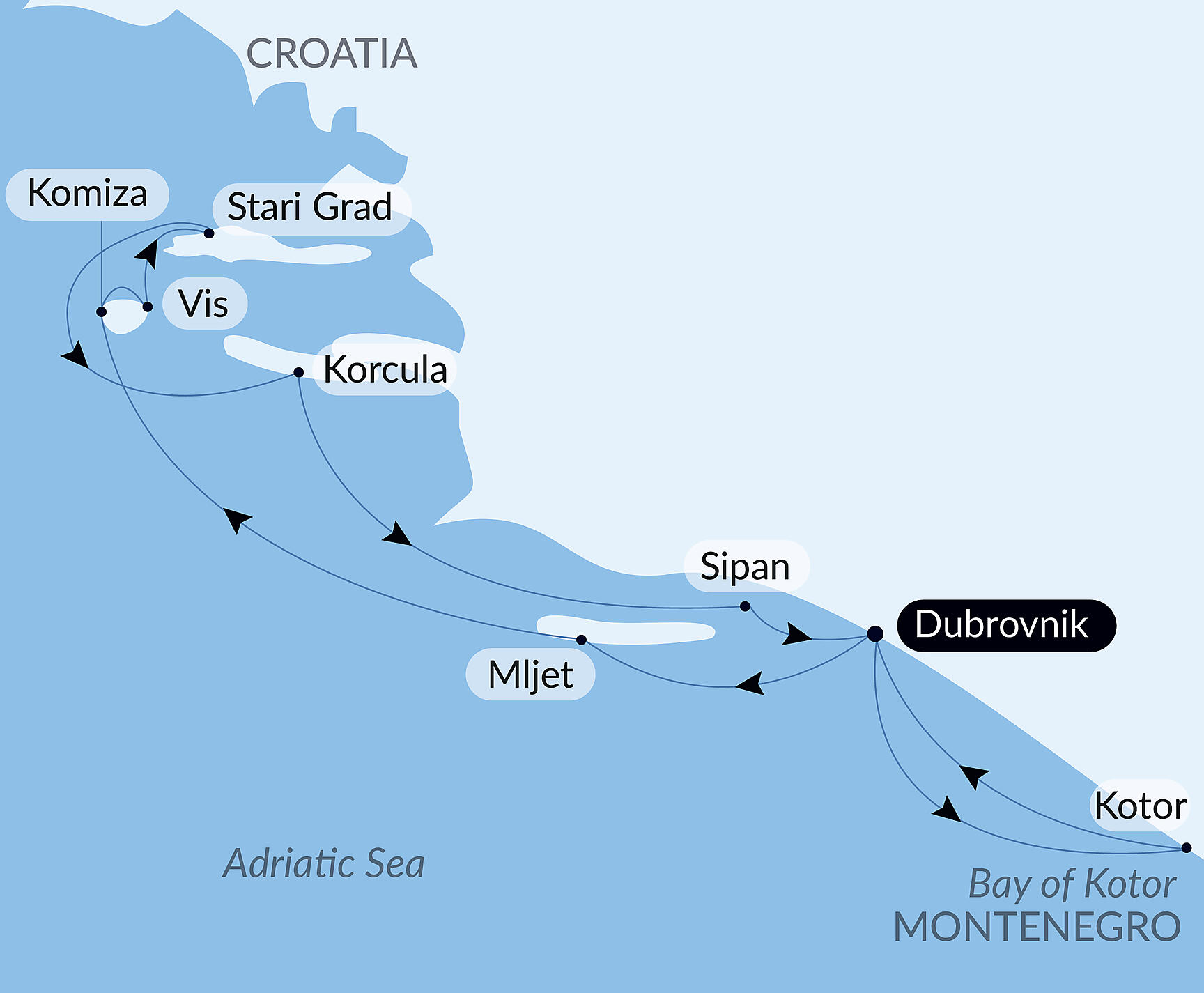Official PONANT route map for Croatia, Under Sail Aboard Le Ponant aboard Le Ponant, Voyage PO100827