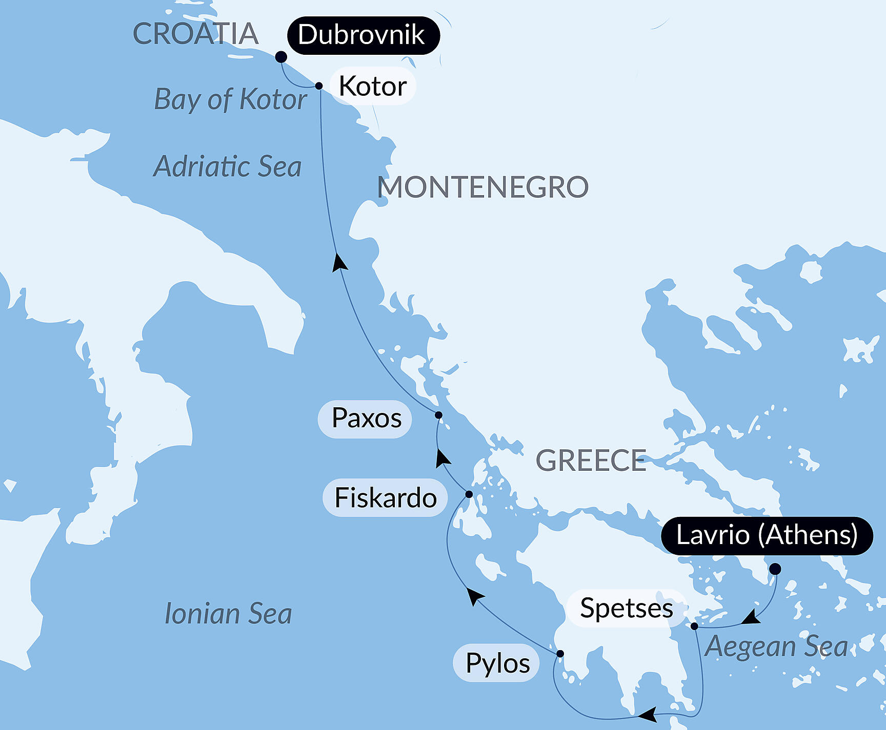Official PONANT route map for Island Hopping Aboard Le Ponant, From Athens to Dubrovnik aboard Le Ponant, Voyage PO130727