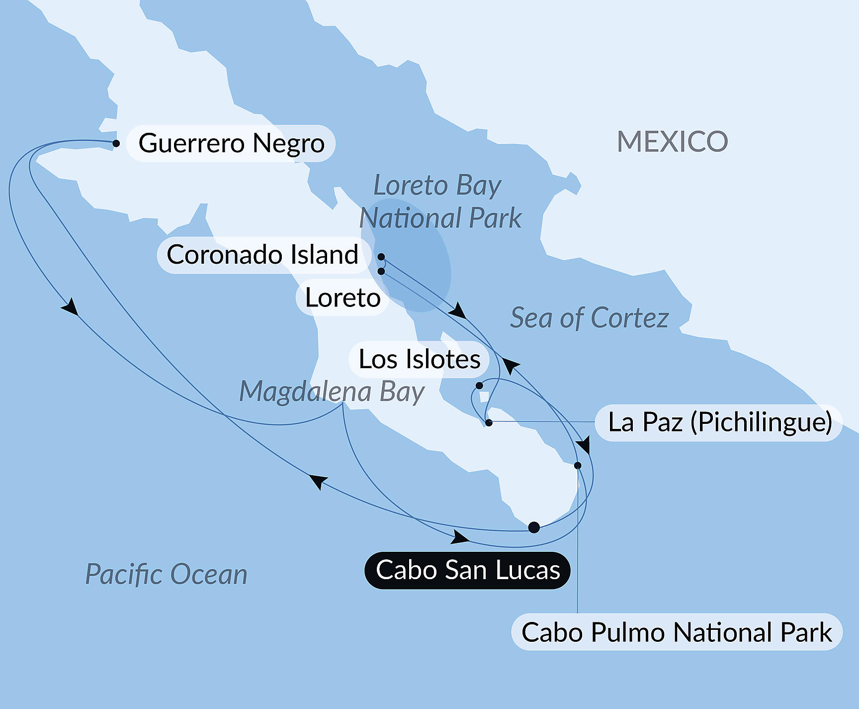 Official PONANT route map for Exploration in the Heart of Baja California aboard Le Bellot, Voyage EE310127