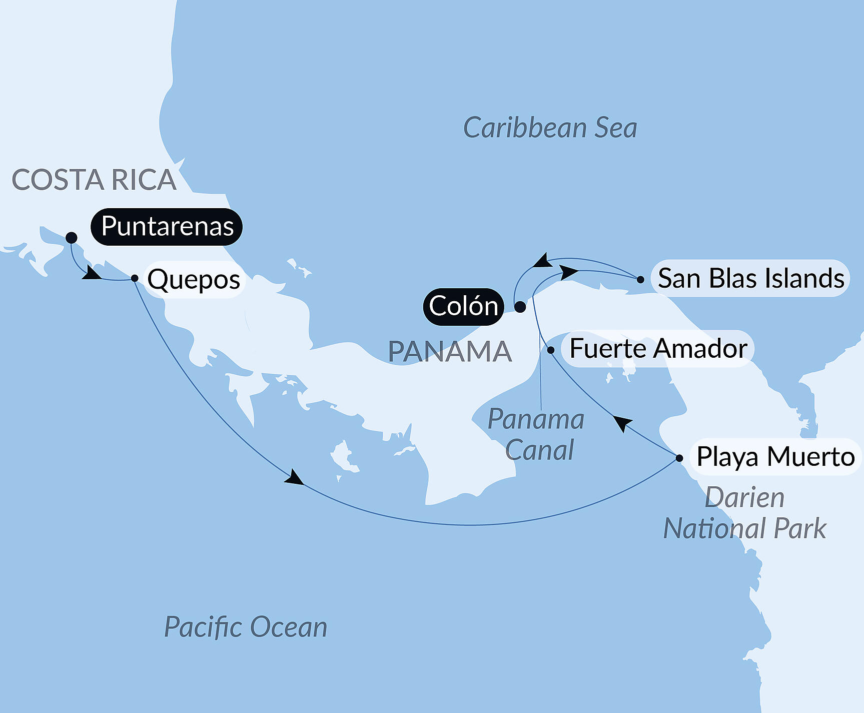 Official PONANT route map for Panama and Costa Rica by Sea: The Natural Wonders of Central America – with Smithsonian Journeys aboard Le Lapérouse, Voyage ER190227