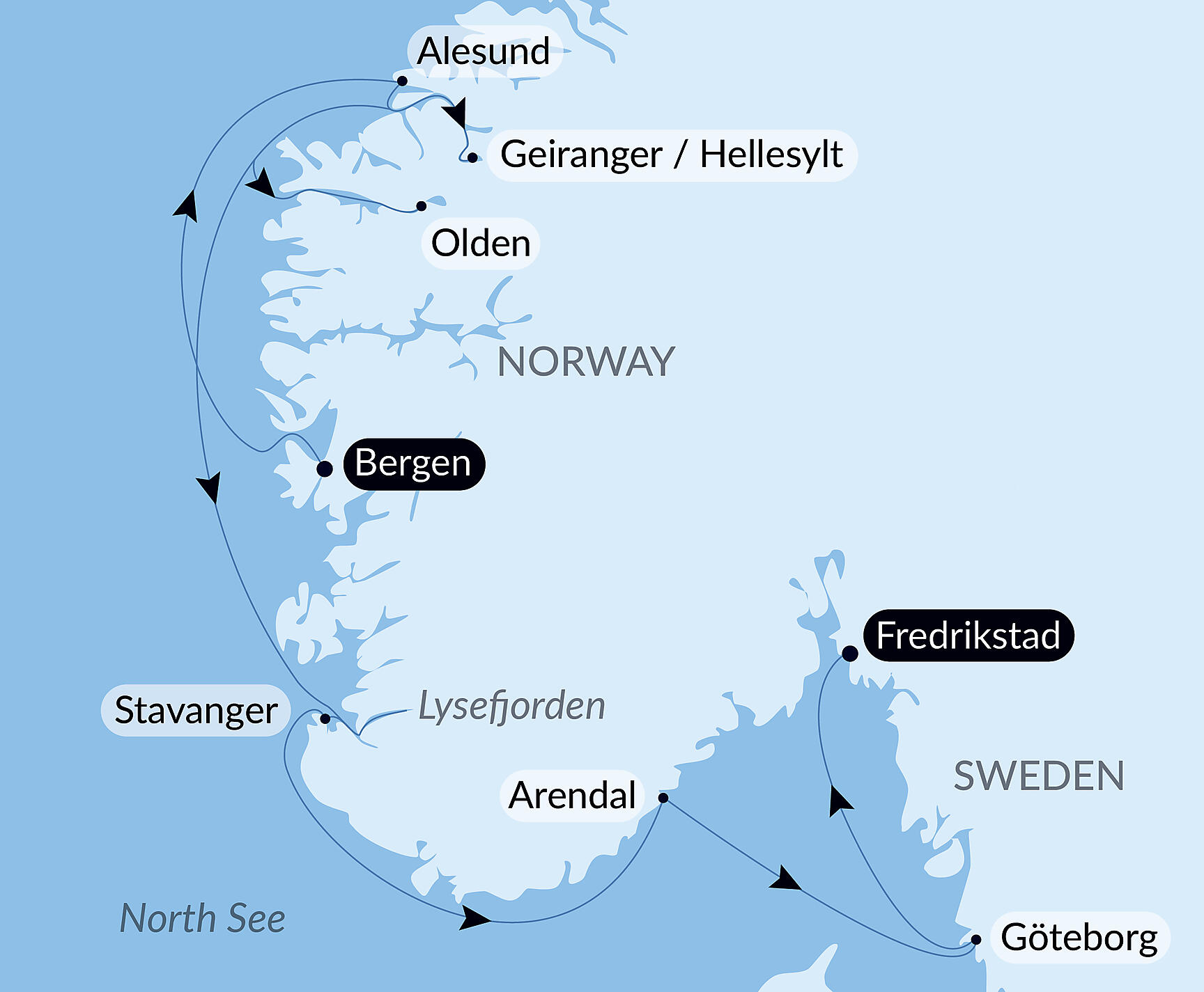 Official PONANT route map for Cruising the Norwegian Fjords – with Smithsonian Journeys aboard Le Lapérouse, Voyage ER310527