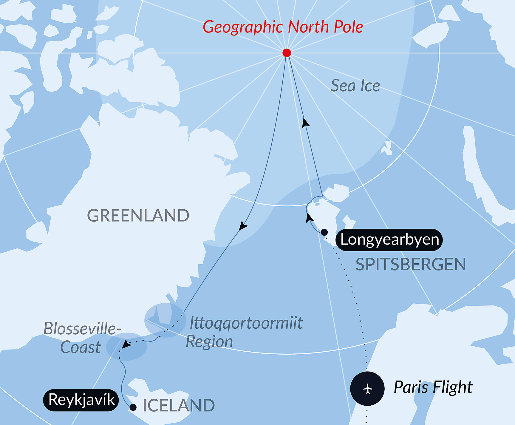 Official PONANT route map for The Geographic North Pole and the east coast of Greenland aboard Le Commandant Charcot, Voyage CC110926