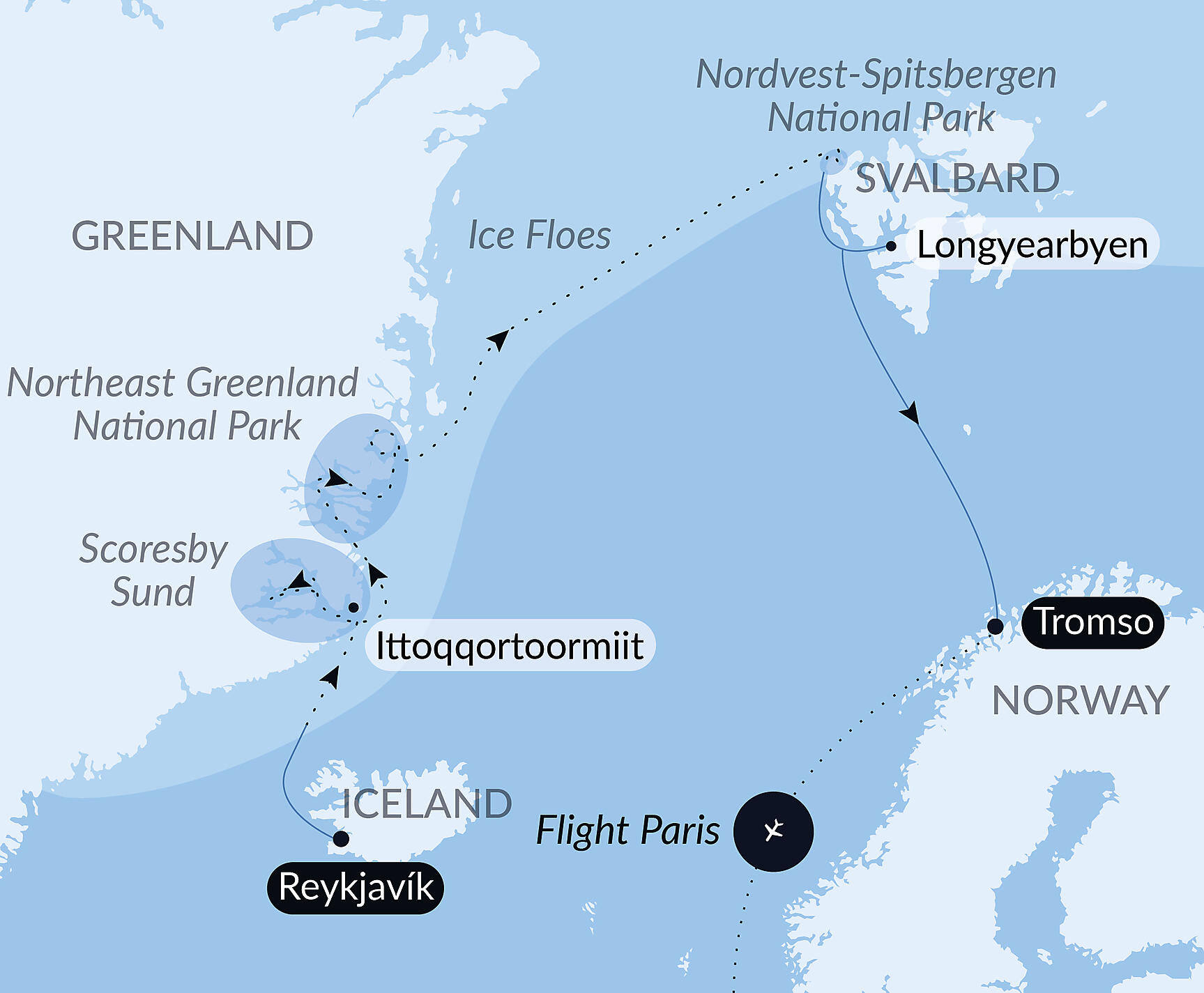 Official PONANT route map for Polar Odyssey between Northeast Greenland & Spitsbergen aboard Le Commandant Charcot, Voyage CC280926