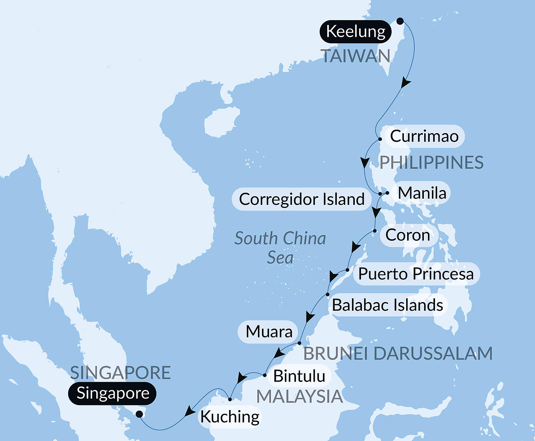 Official PONANT route map for The Hidden Treasures of the Philippines and Borneo aboard Le Jacques Cartier, Voyage EX210427