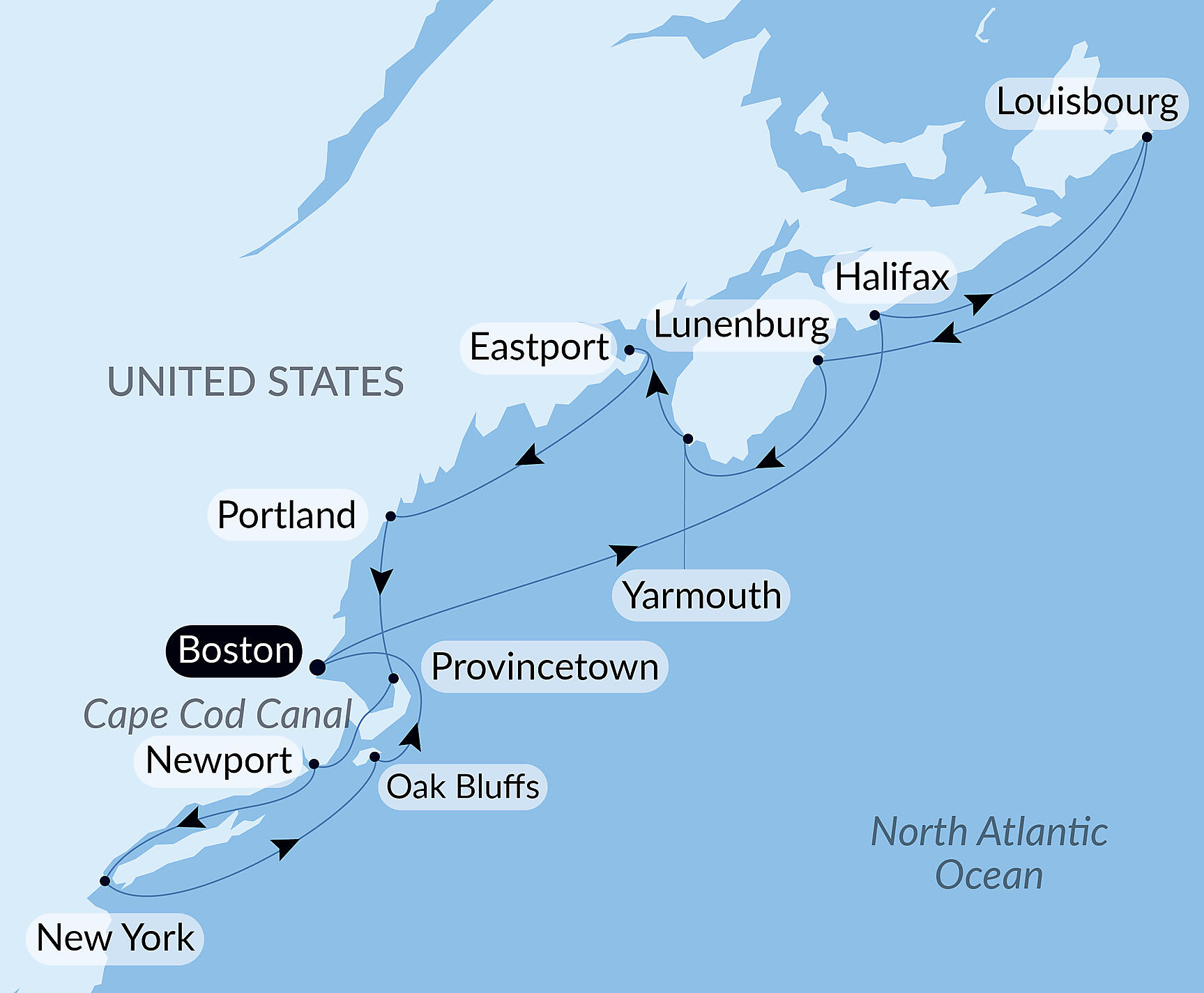 Official PONANT route map for Nova Scotia and the East Coast of the United States aboard Le Bellot, Voyage EE061026