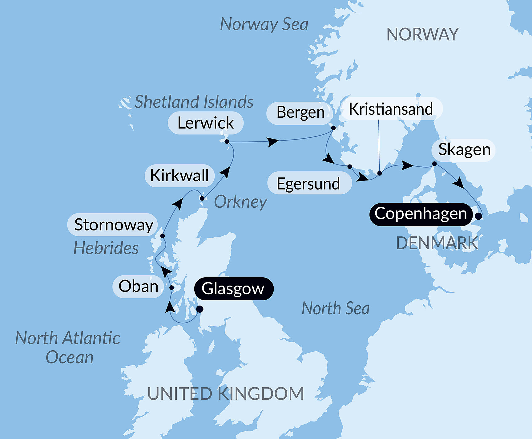 Official PONANT route map for Legendary Lands and Northern Cities aboard Le Champlain, Voyage EC040527
