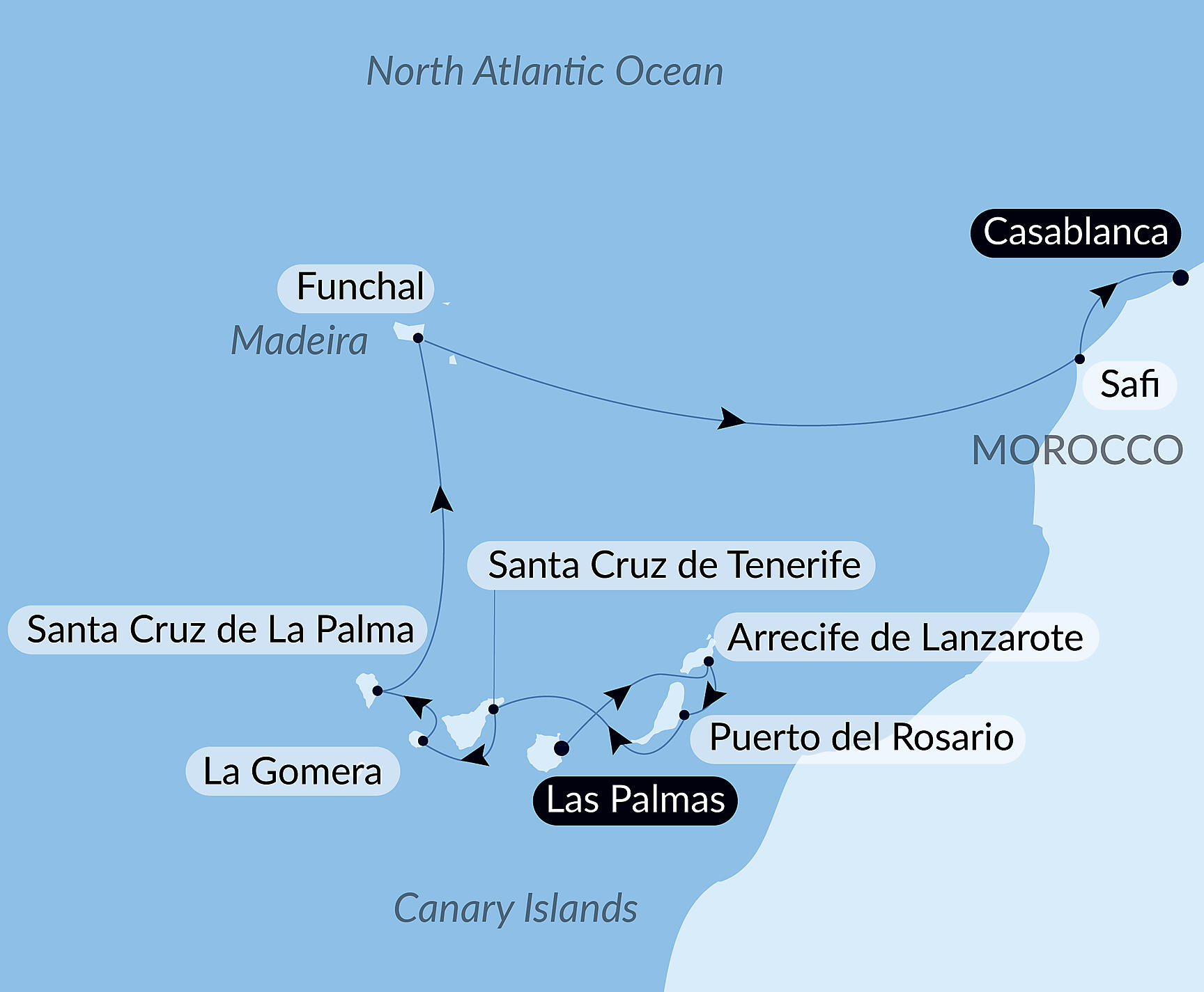 Official PONANT route map for Atlantic odyssey from the Canary Islands to the shores of Morocco aboard Le Boréal, Voyage BO080427