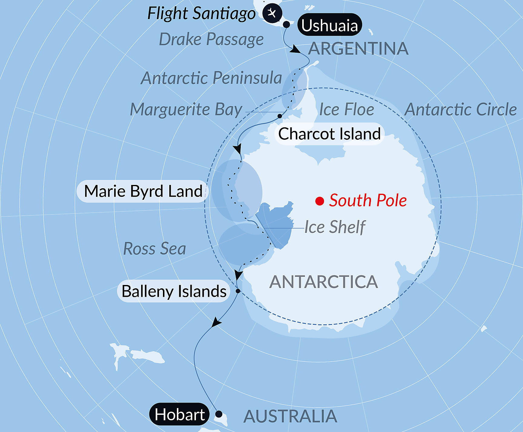 Official PONANT route map for Unexplored Western Antarctica between Two Continents aboard Le Commandant Charcot, Voyage CC110128