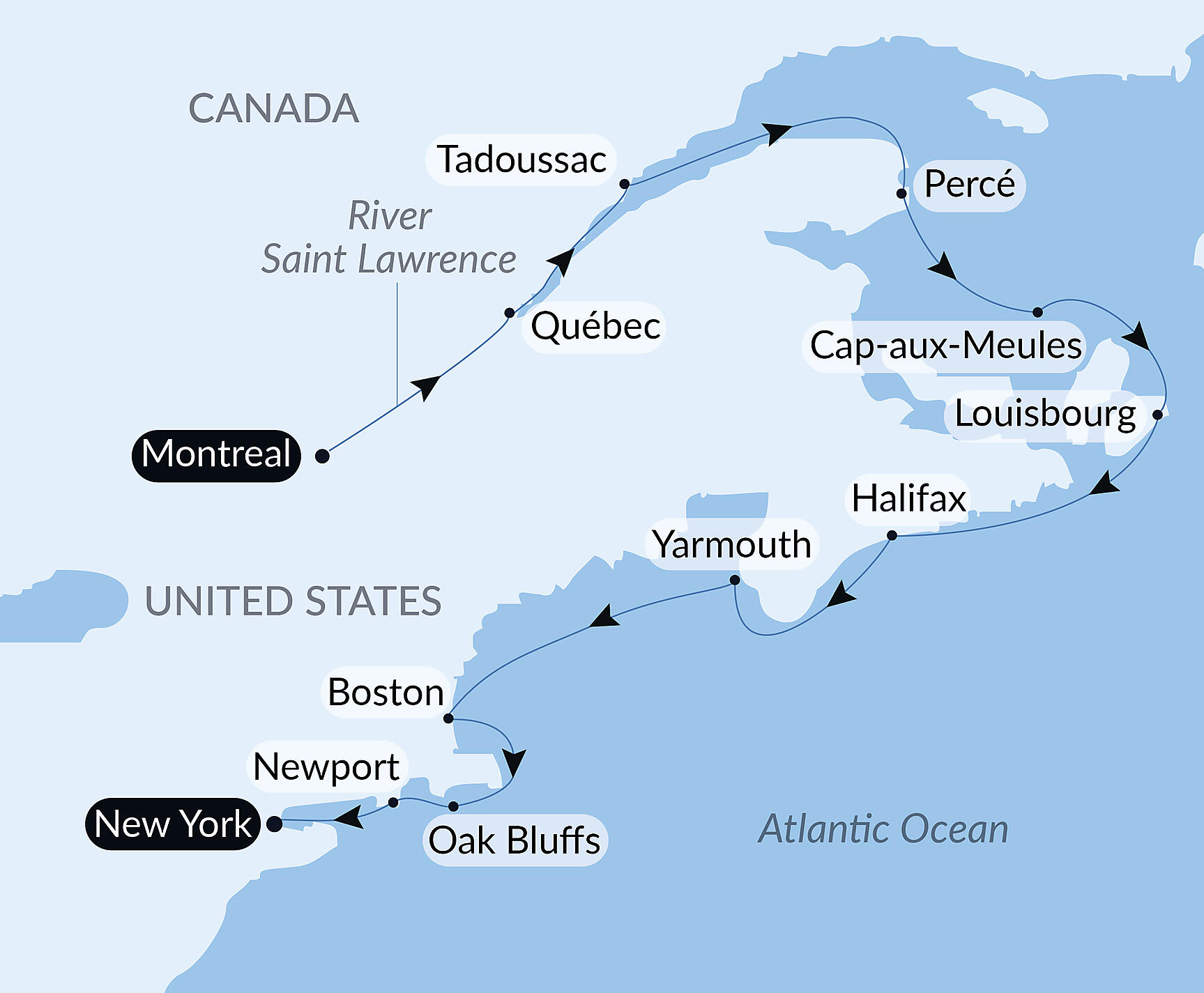 Official PONANT route map for From Québec to the Big Apple: nature & remarkable cities aboard Le Lyrial, Voyage LY041026