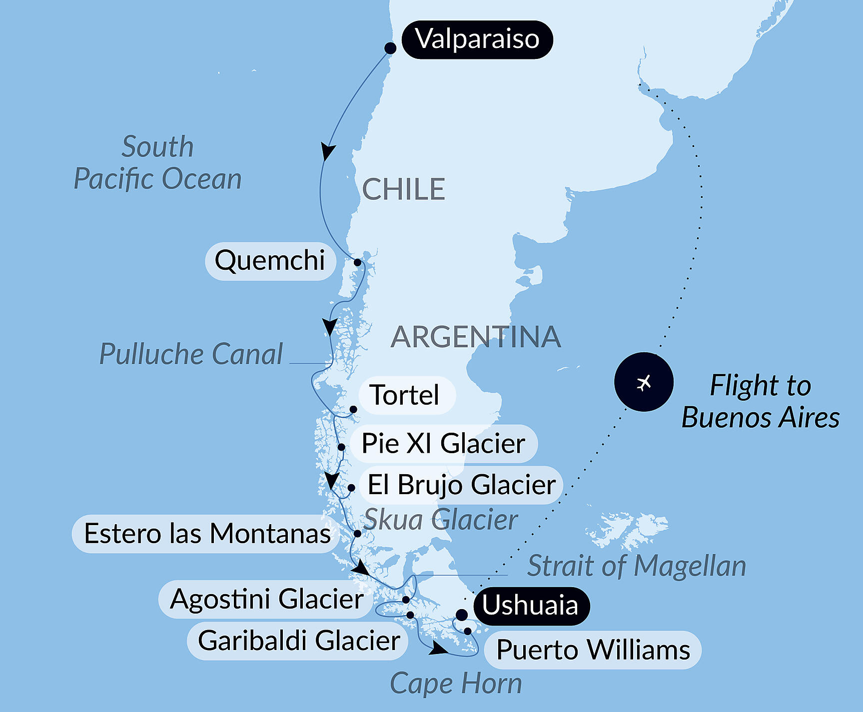 Official PONANT route map for The best of Chilean Fjords aboard Le Lyrial, Voyage LY031127