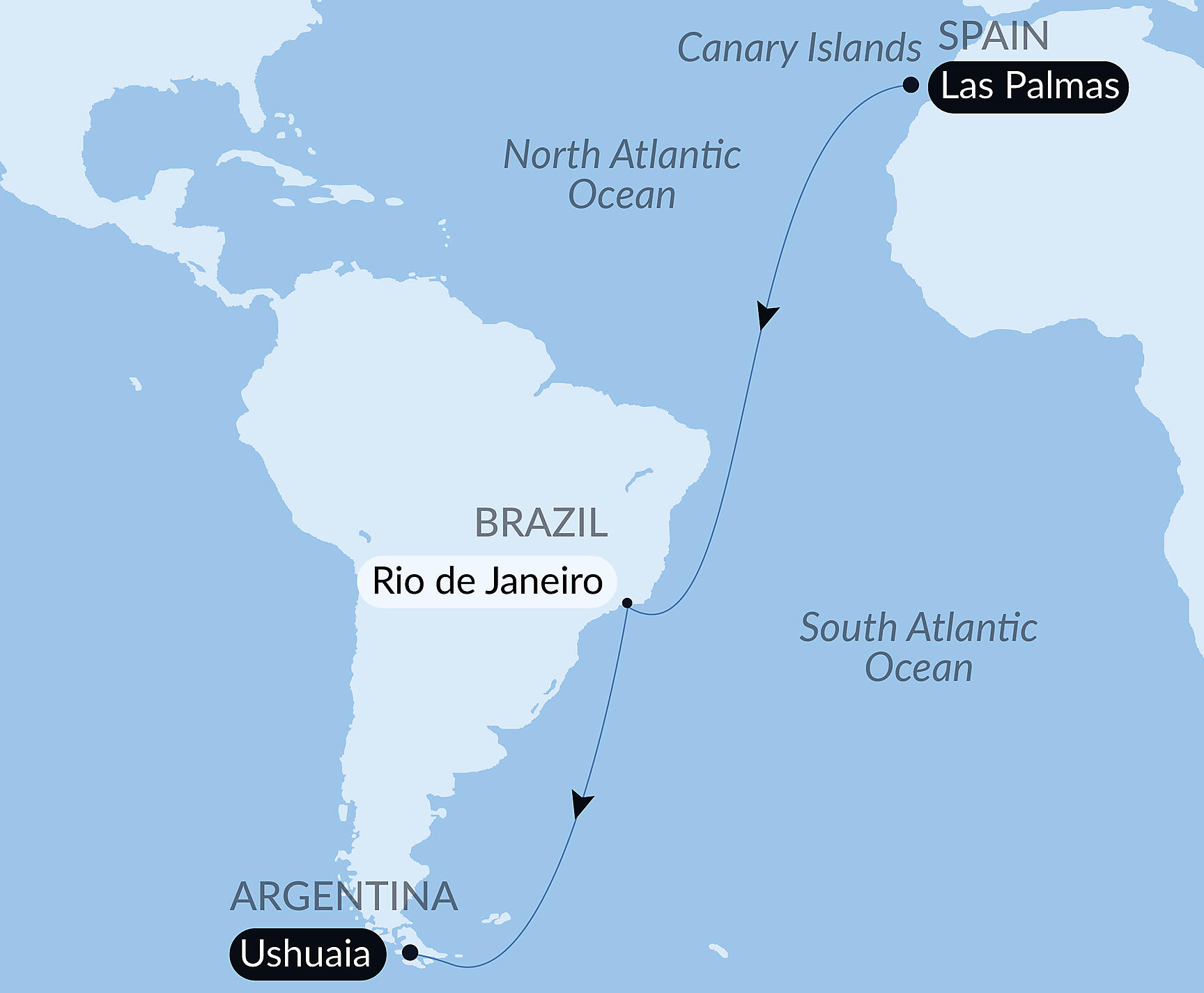 Official PONANT route map for Ocean Voyage: Las Palmas - Ushuaia aboard Le Boréal, Voyage BO231027