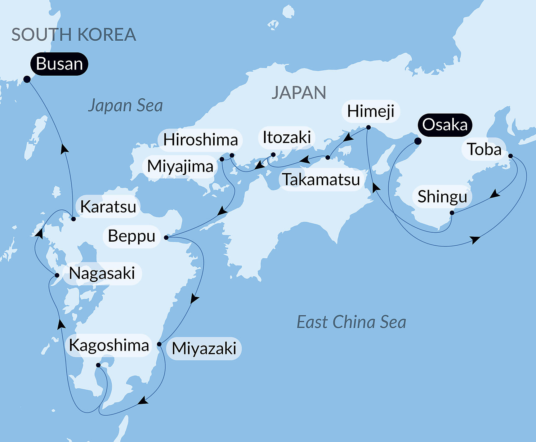 Official PONANT route map for Authentic Japan aboard Le Soléal, Voyage SO140327