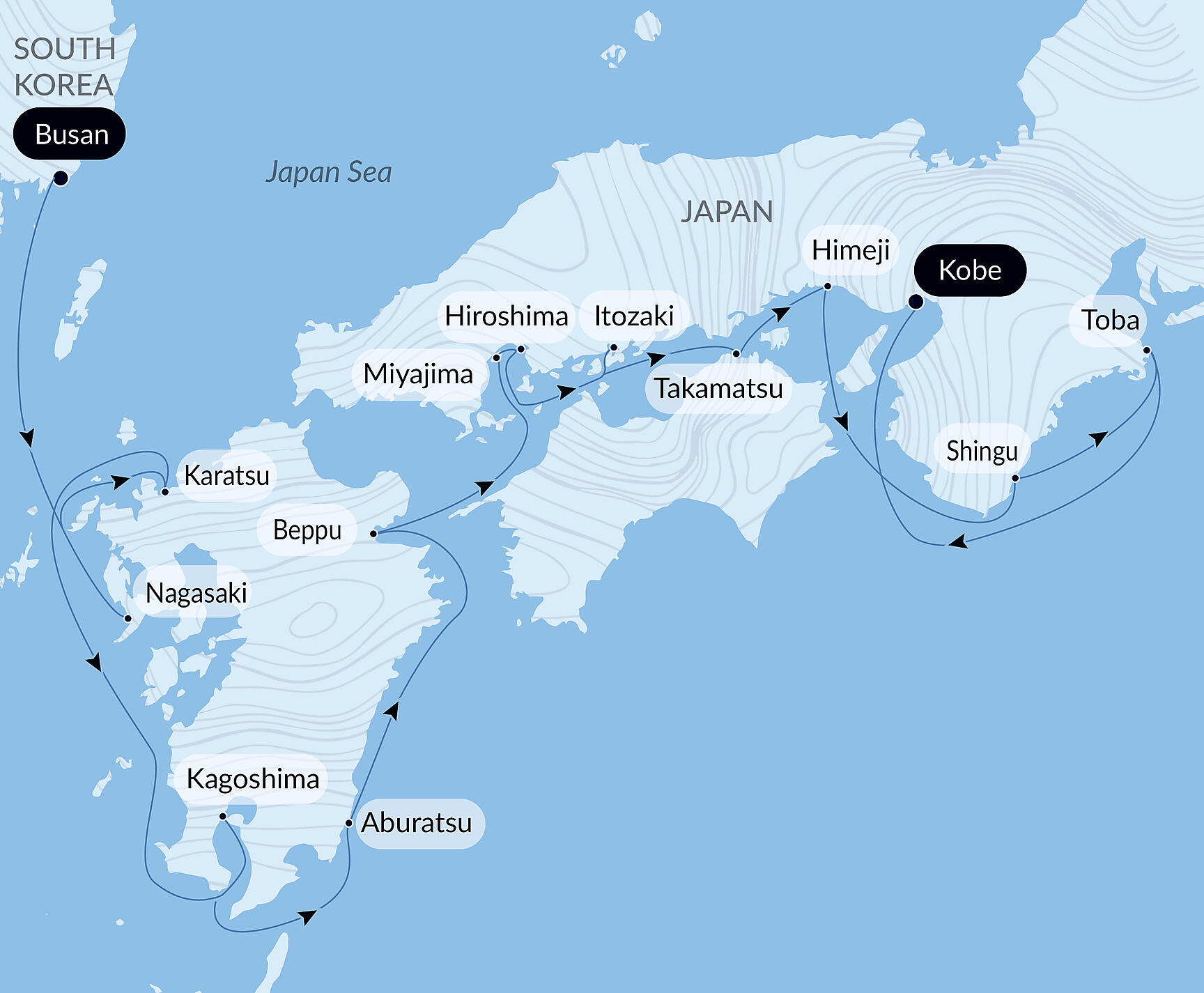 Official PONANT route map for Authentic Japan aboard Le Soléal, Voyage SO260327