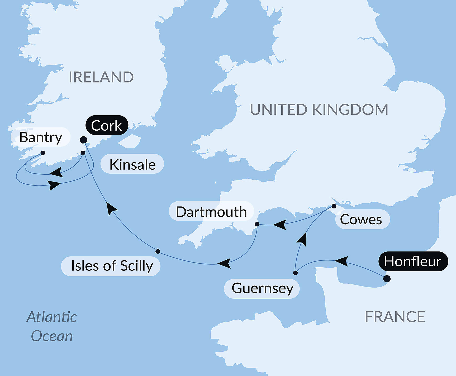 Official PONANT route map for British archipelagos and Celtic shores aboard L'Austral, Voyage AU180527