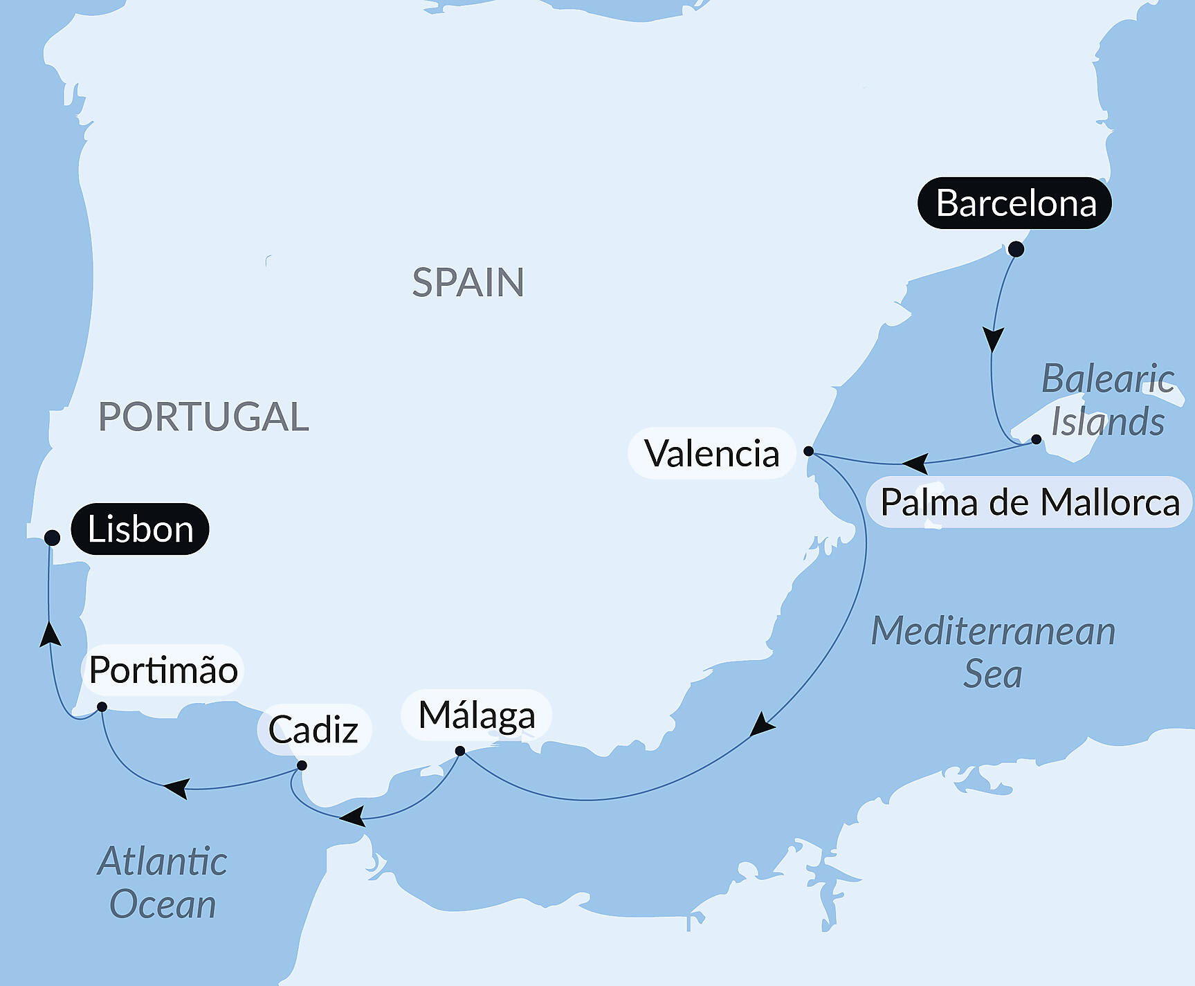 Official PONANT route map for Cruising Southern Spain and Portugal – with Smithsonian Journeys aboard Le Boréal, Voyage BO171026