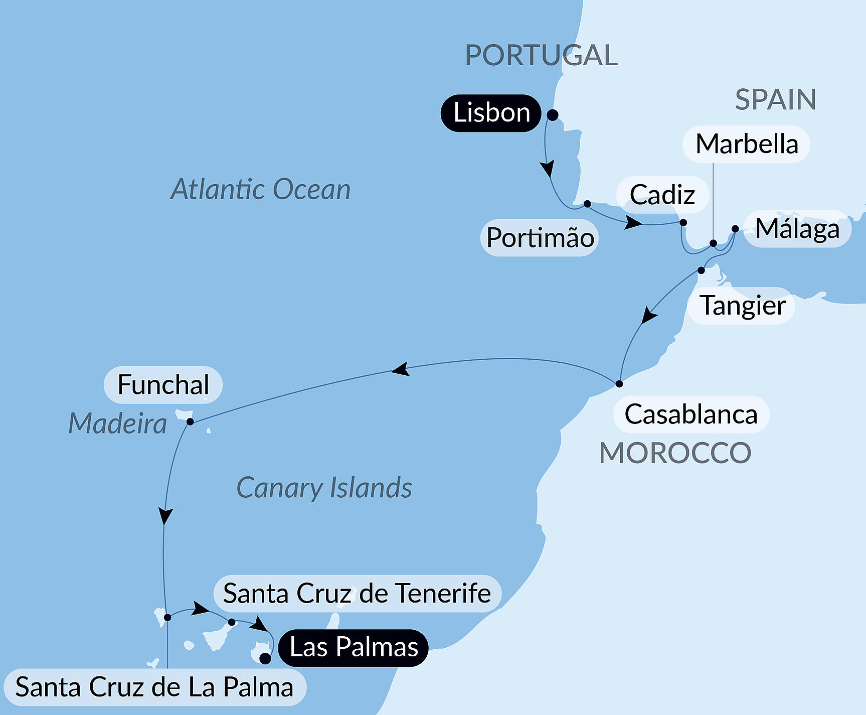 Official PONANT route map for Lisbon to the Canary Islands by Sea: Spain, Morocco, & Atlantic Isles – with Smithsonian Journeys aboard Le Lapérouse, Voyage ER121026