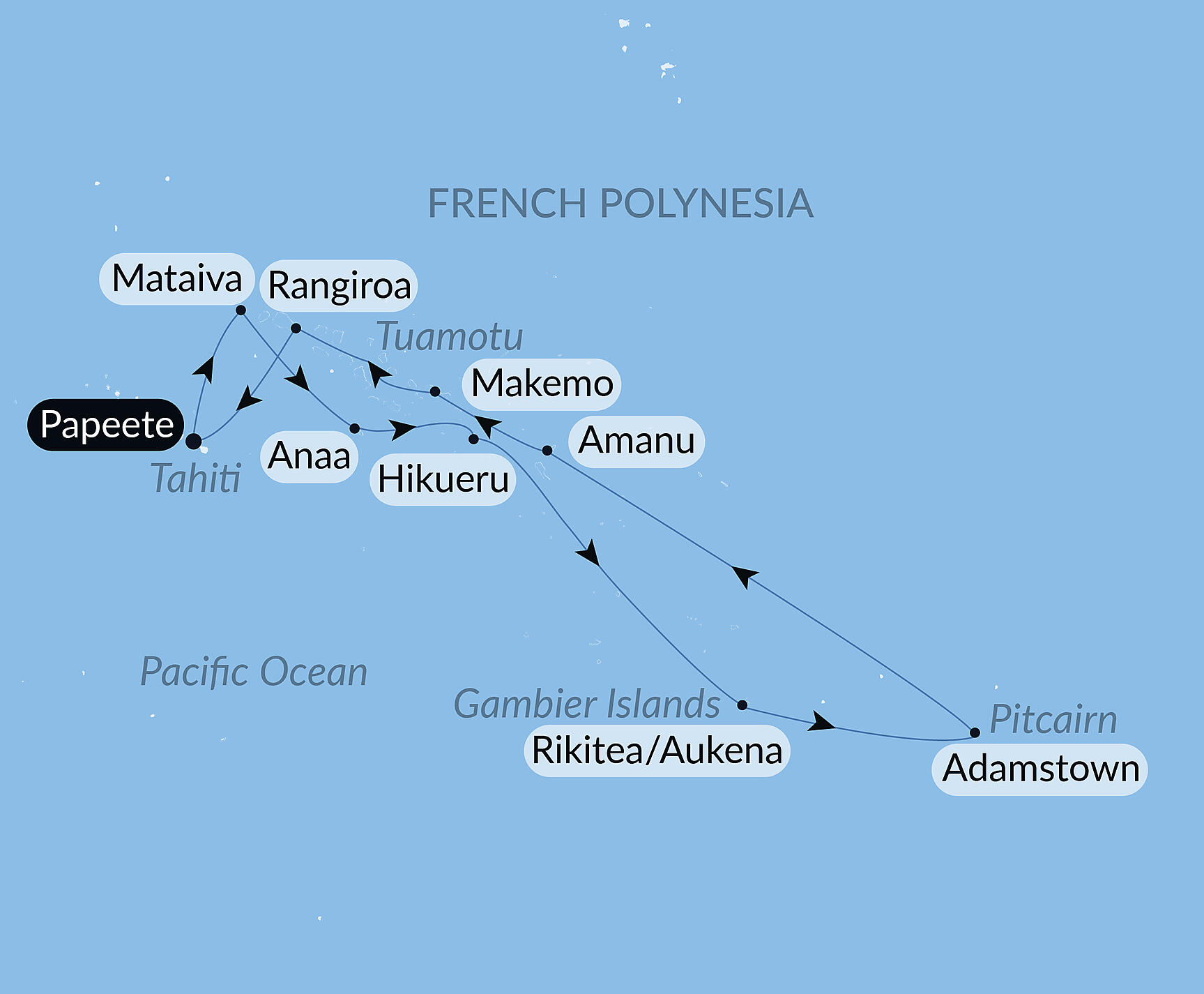 Official PONANT route map for From Secluded French Polynesia to Pitcairn Island aboard Le Jacques Cartier, Voyage EX151126