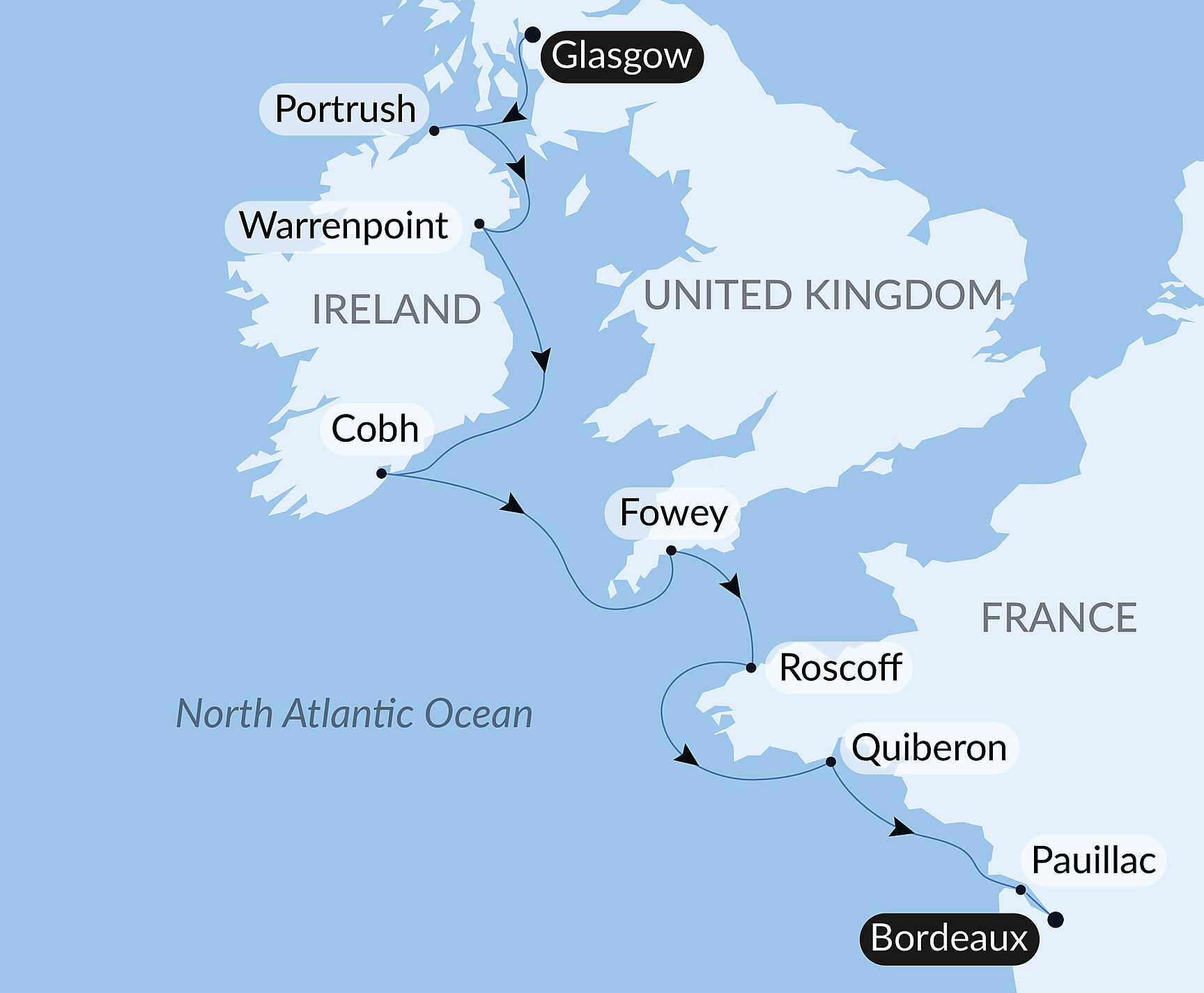 Official PONANT route map for From the Irish Sea to the Bay of Biscay aboard Le Lapérouse, Voyage ER240926