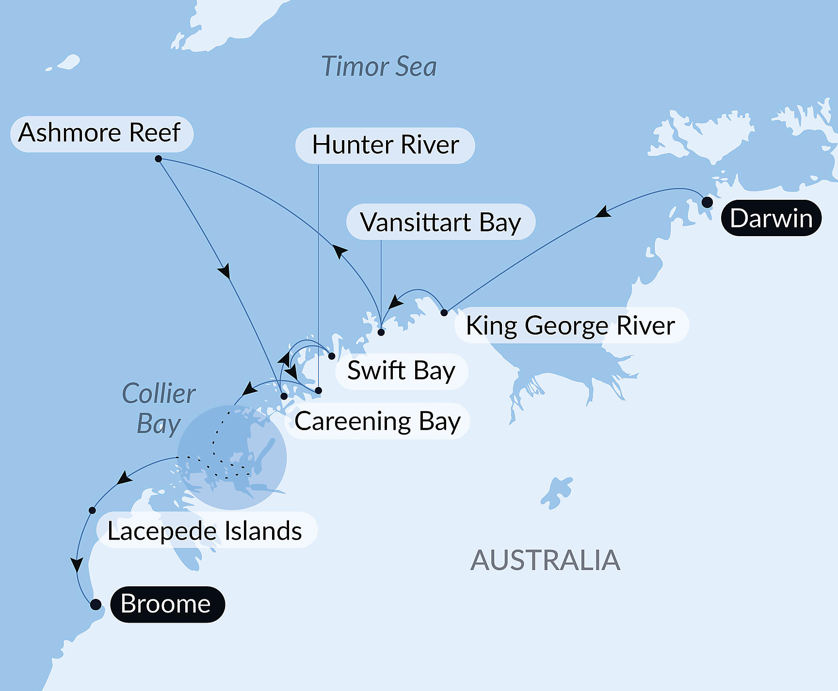 Official PONANT route map for Australia's Iconic Kimberley aboard Le Soléal, Voyage SO280826
