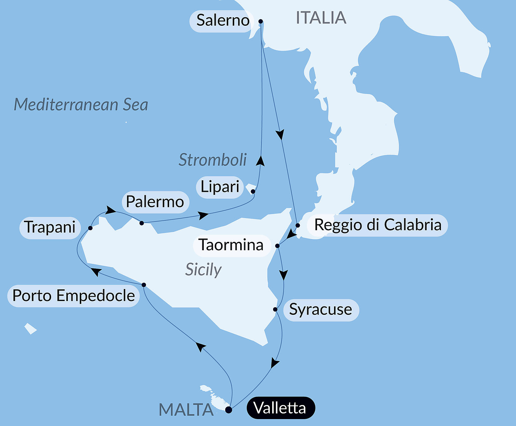 Official PONANT route map for Authentic Mediterranean shores aboard Le Boréal, Voyage BO011026