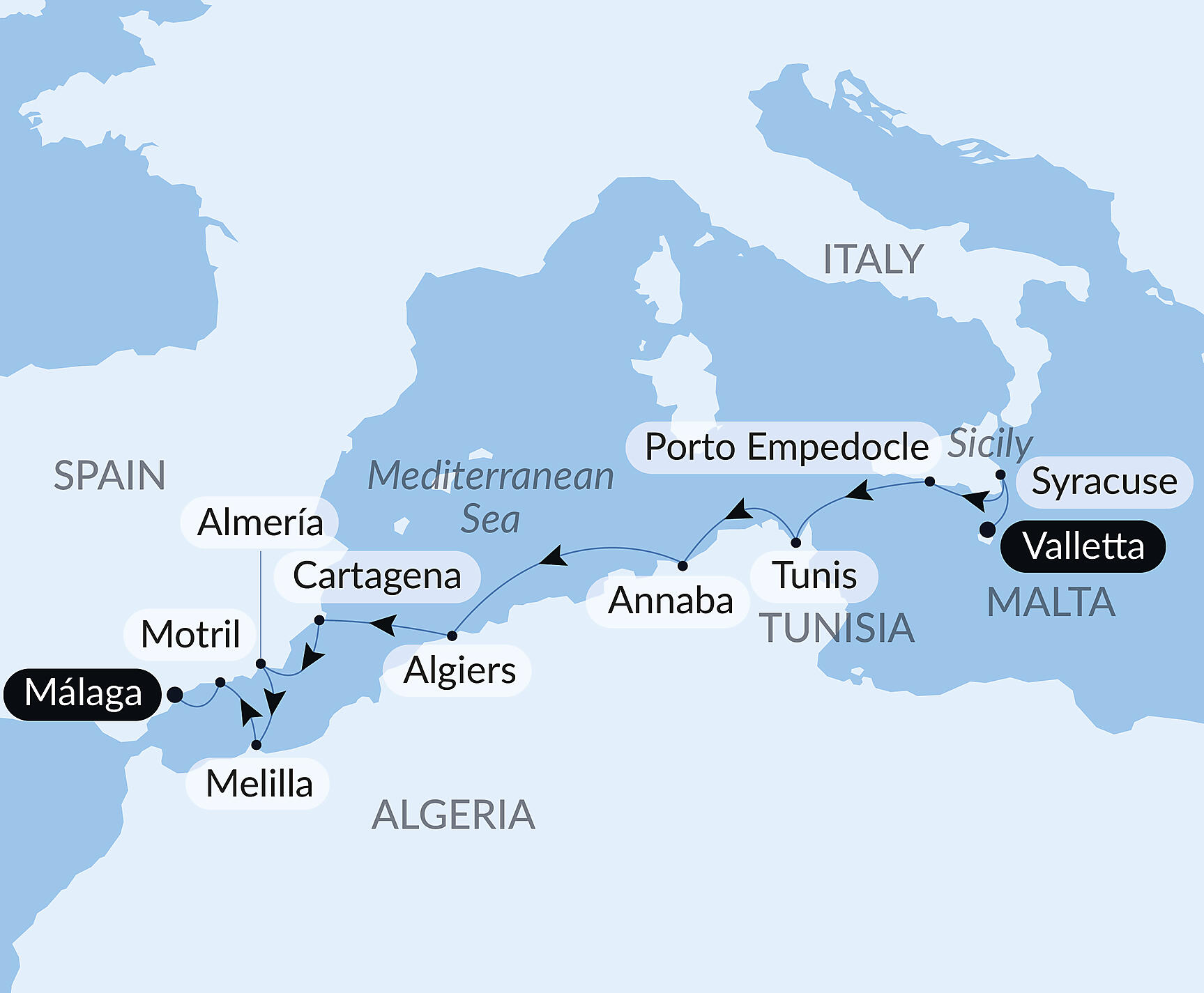 Official PONANT route map for Ancient shores of the Mediterranean aboard Le Bougainville, Voyage EG311026