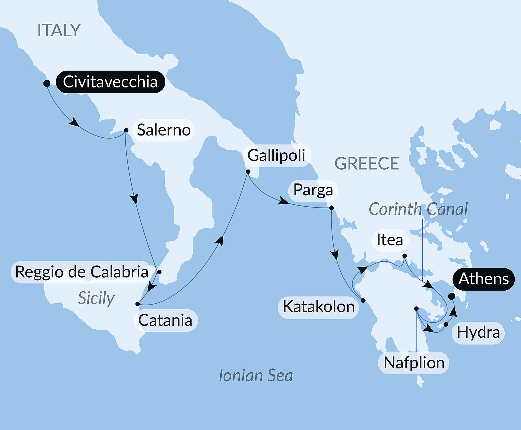 Official PONANT route map for Ancient civilisations, from Italy to Greece aboard Le Champlain, Voyage EC011026