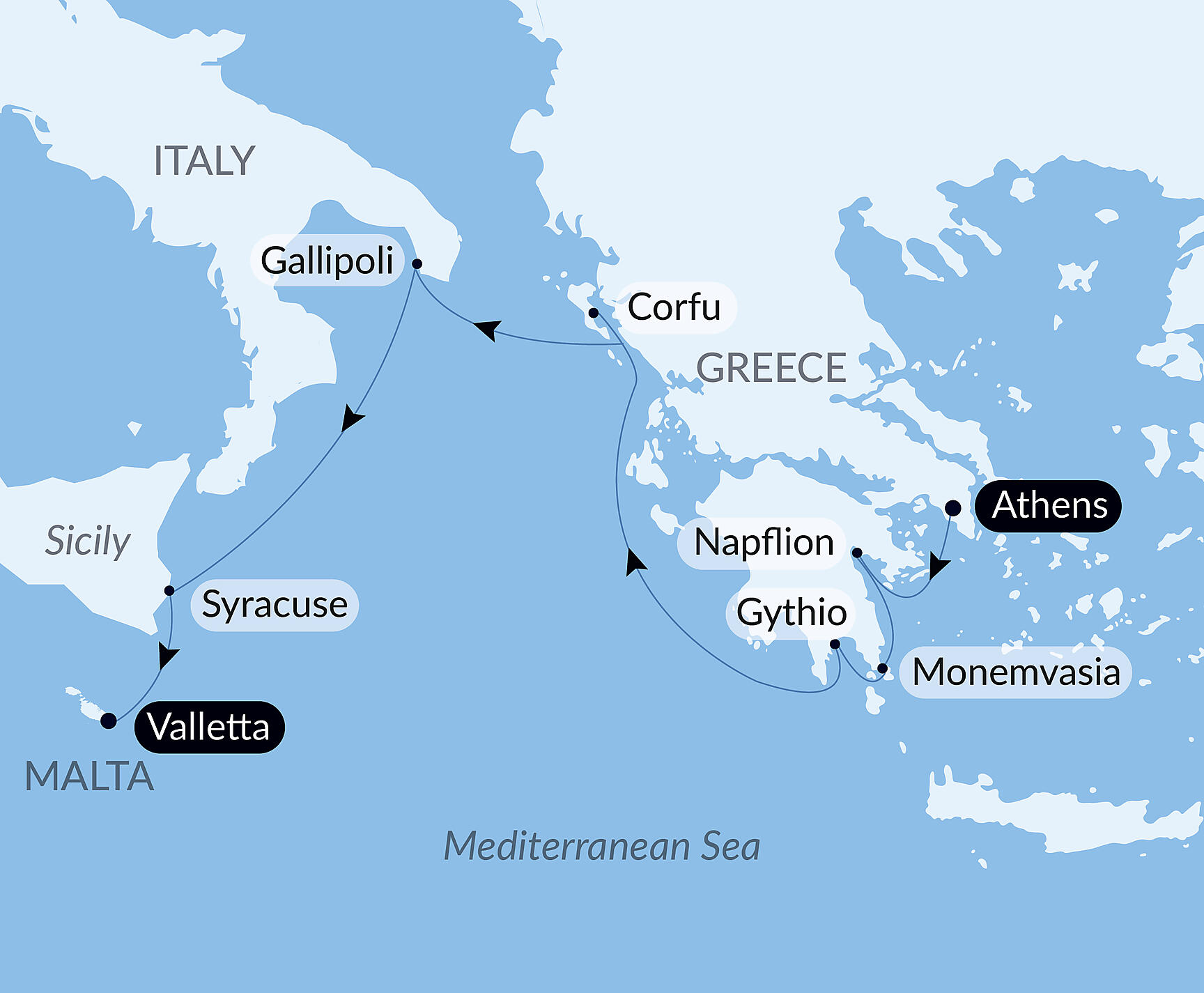 Official PONANT route map for Ancient Cities of the Mediterranean aboard Le Dumont d'Urville, Voyage EU221026