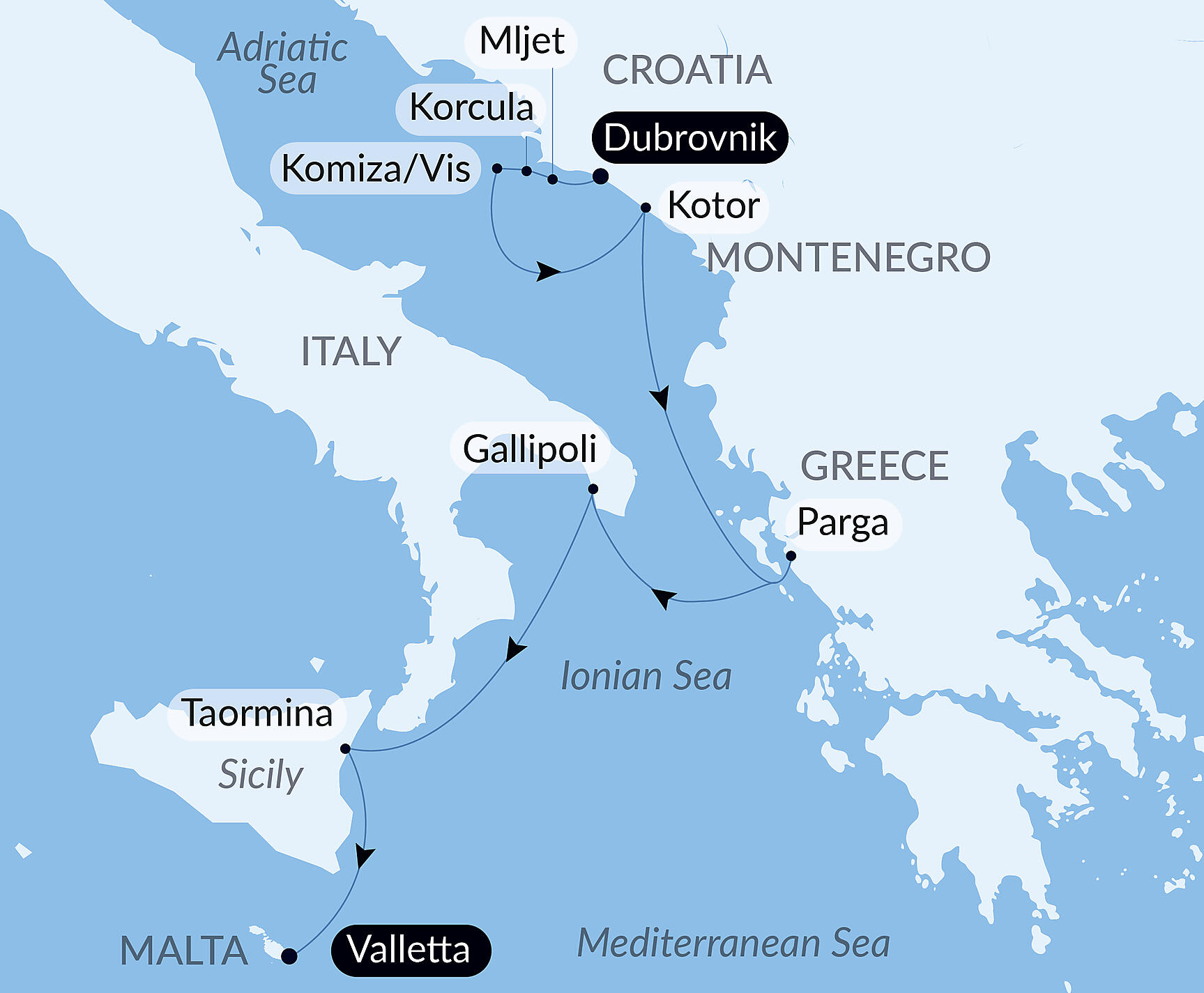 Official PONANT route map for From the Adriatic to the Ionian Sea aboard Le Bougainville, Voyage EG270826