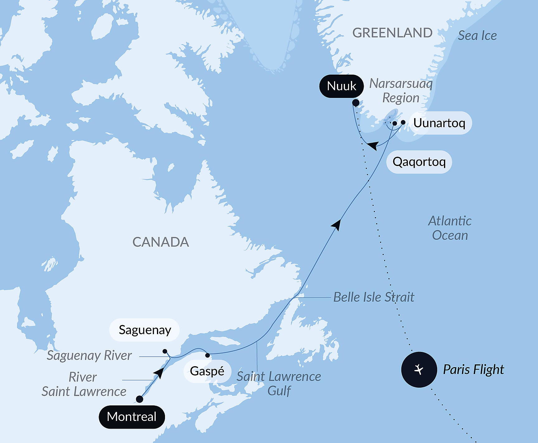 Official PONANT route map for From the St Lawrence to Greenland, the Last Moments of Winter aboard Le Commandant Charcot, Voyage CC130327
