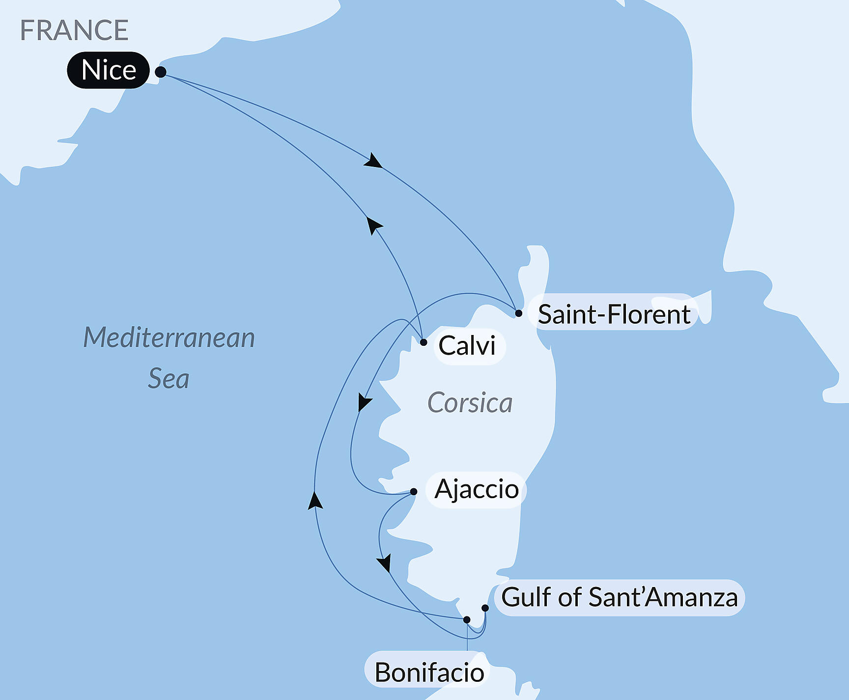 Official PONANT route map for Corsican shores, under Sail Aboard Le Ponant aboard Le Ponant, Voyage PO260926