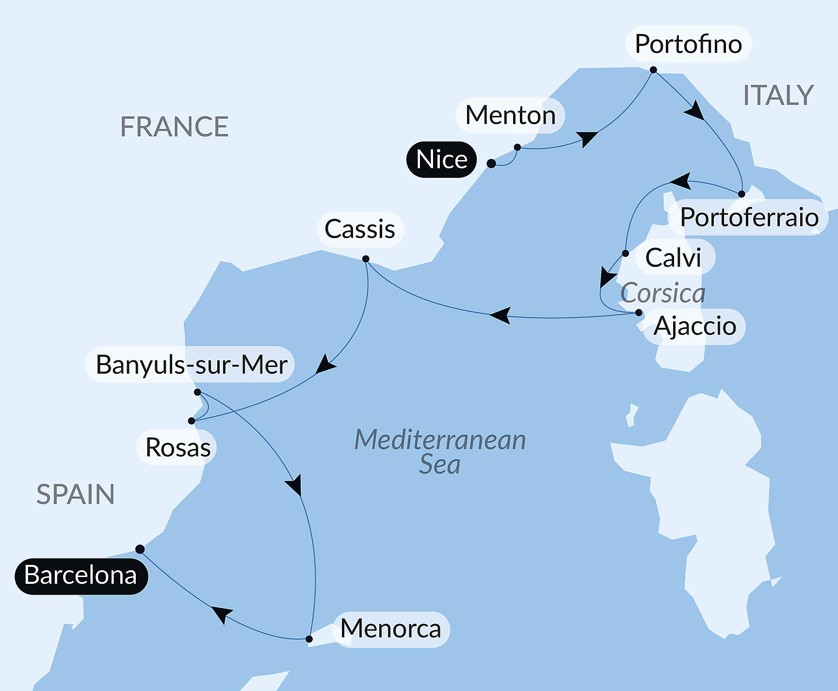 Official PONANT route map for Hidden gems of the Western Mediterranean aboard Le Bougainville, Voyage EG210627