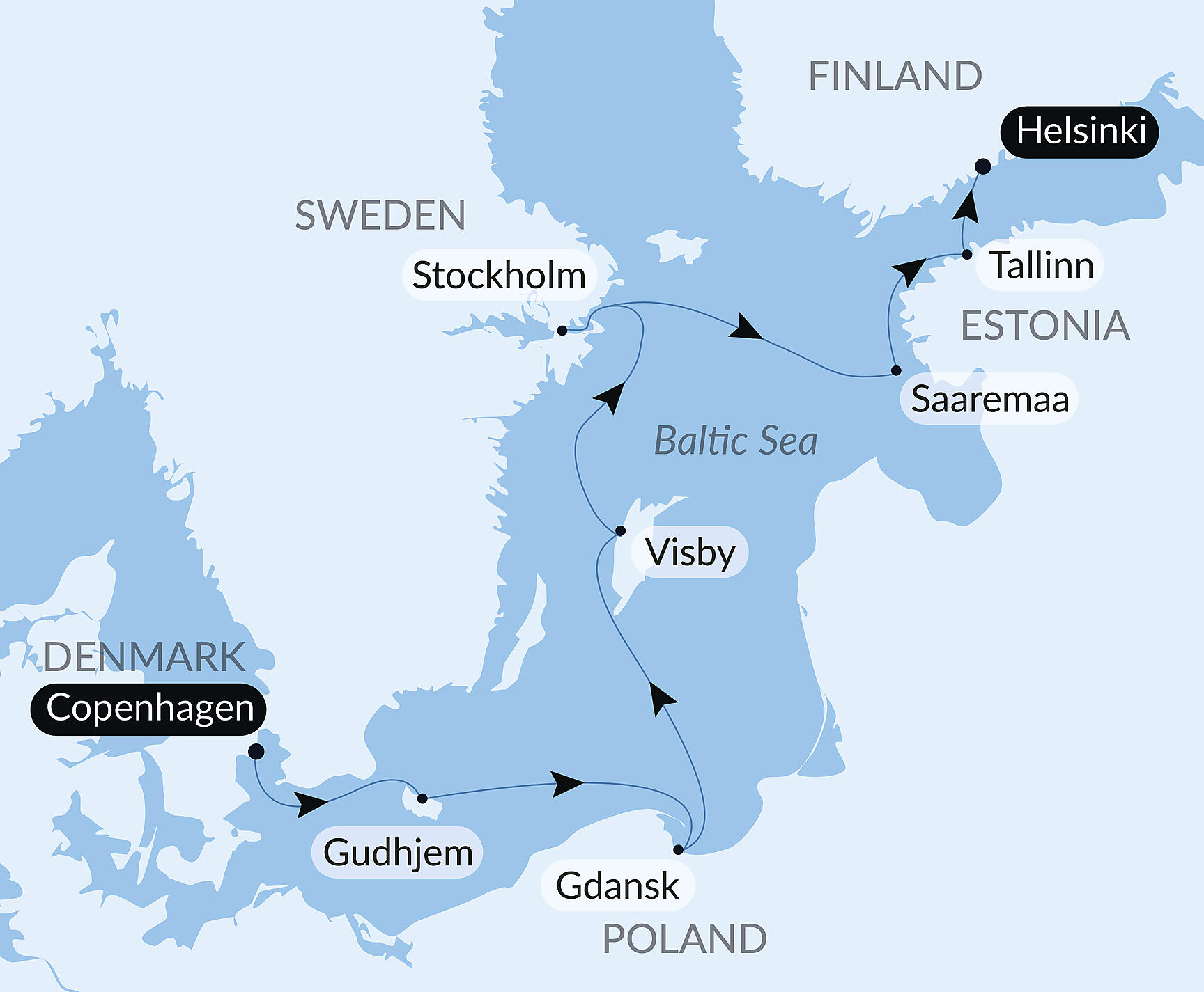 Official PONANT route map for Iconic Capitals & Towns of the Baltic aboard Le Champlain, Voyage EC130527