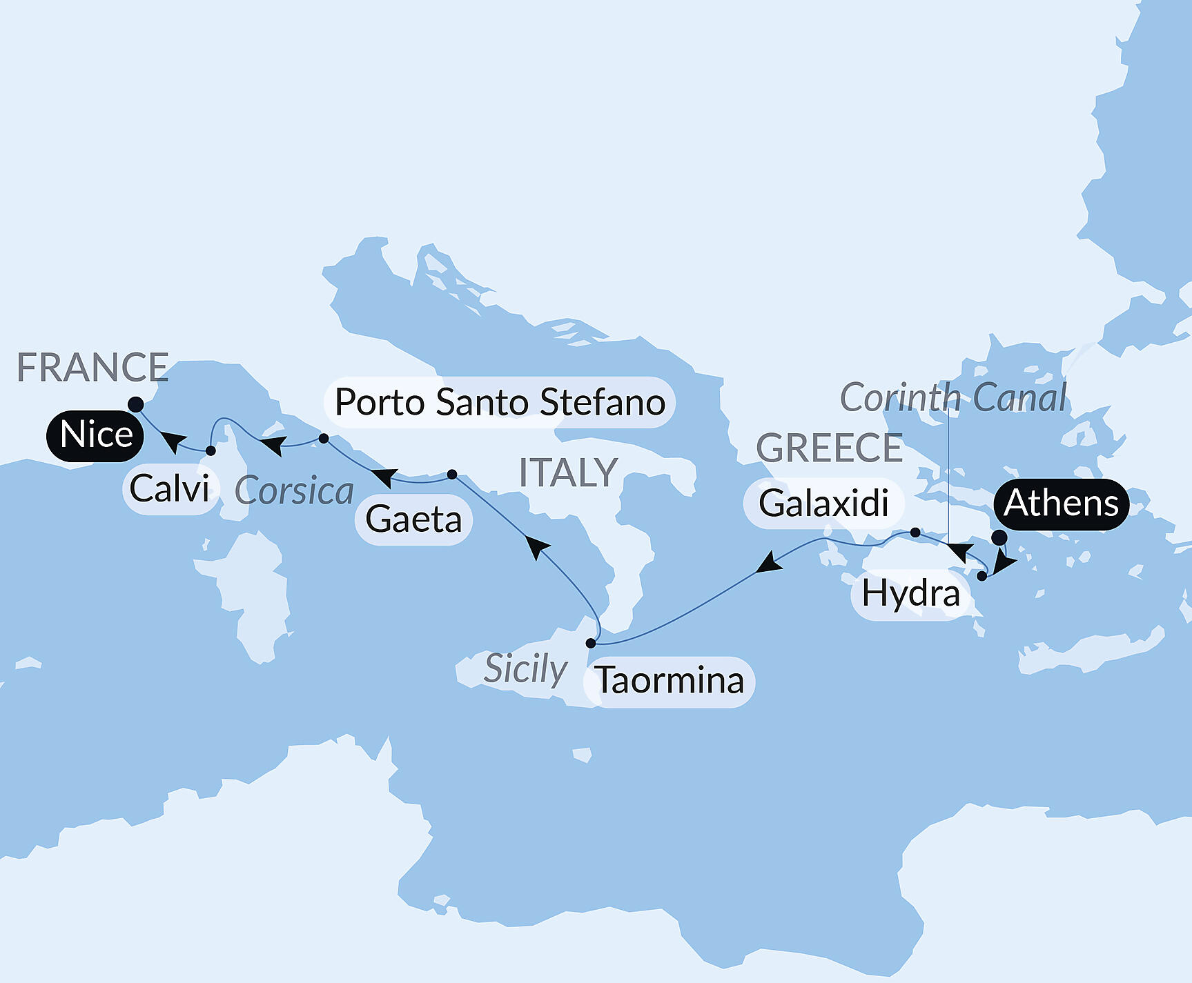 Official PONANT route map for Wandering the Mediterranean aboard Le Bougainville, Voyage EG310727