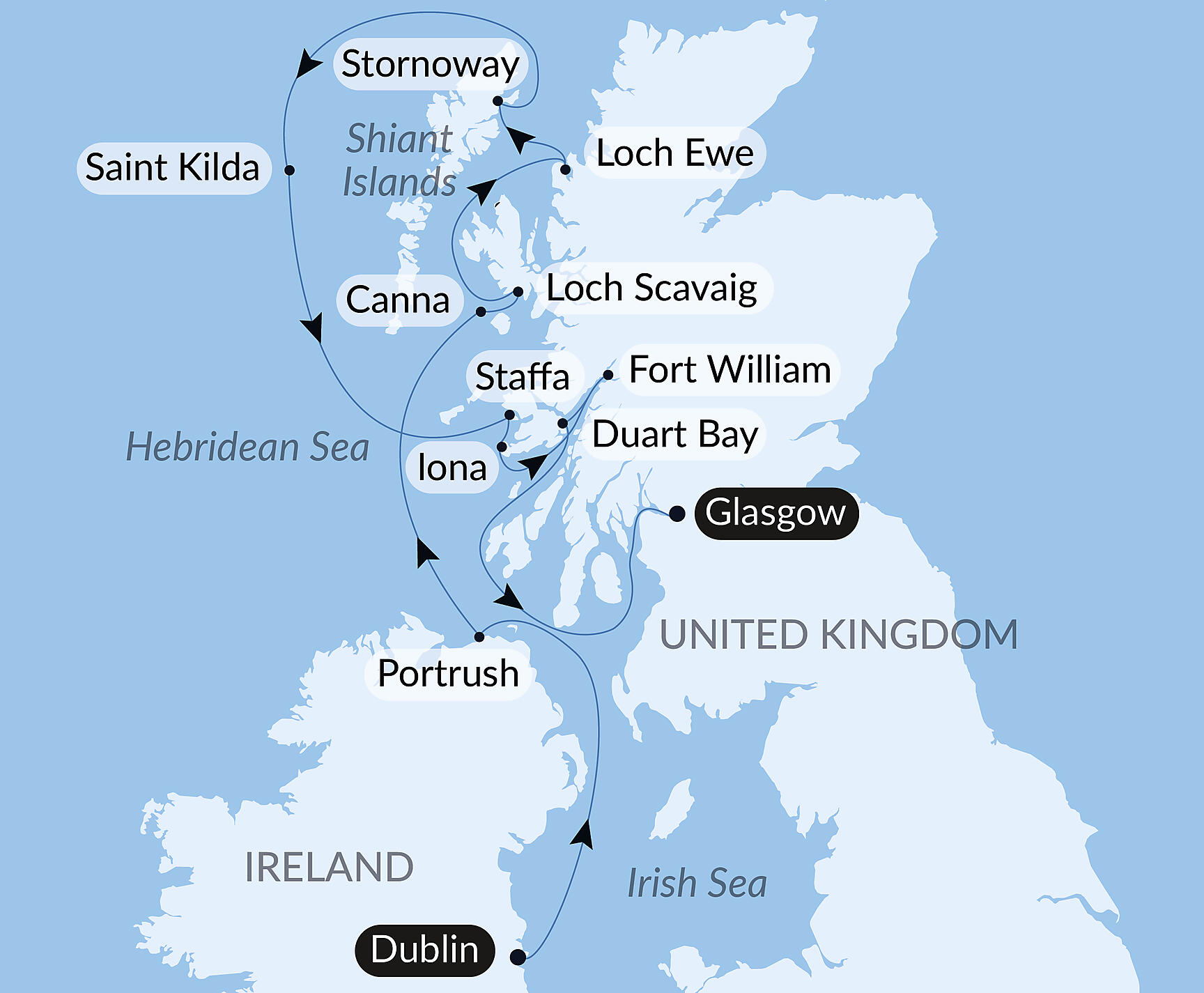 Official PONANT route map for The Hebrides archipelago, a journey deep into the heart of the wilderness aboard Le Lapérouse, Voyage ER180826