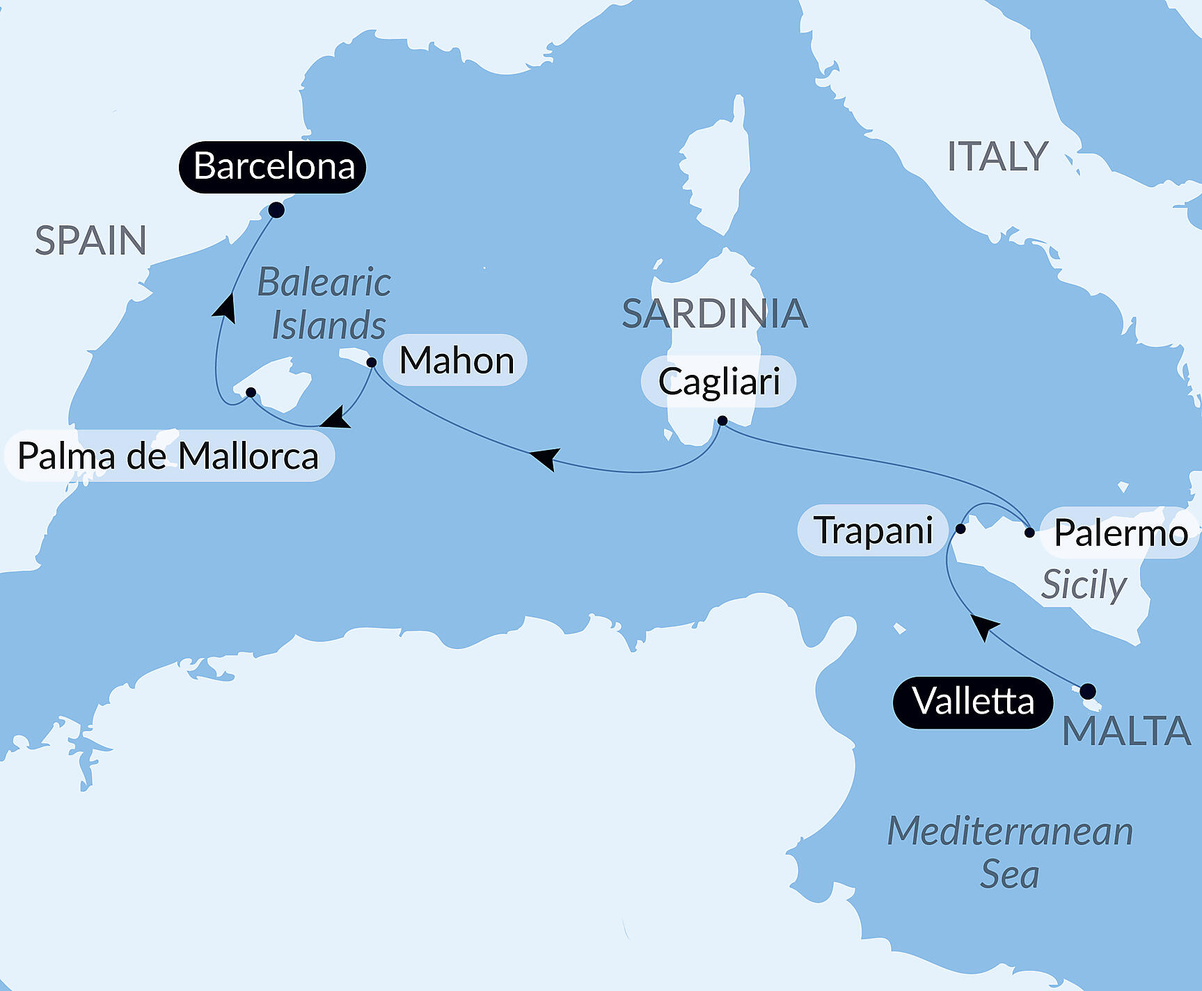 Official PONANT route map for Cruising the Mediterranean: Sicily, Sardinia, and Mallorca – with Smithsonian Journeys aboard Le Boréal, Voyage BO101026
