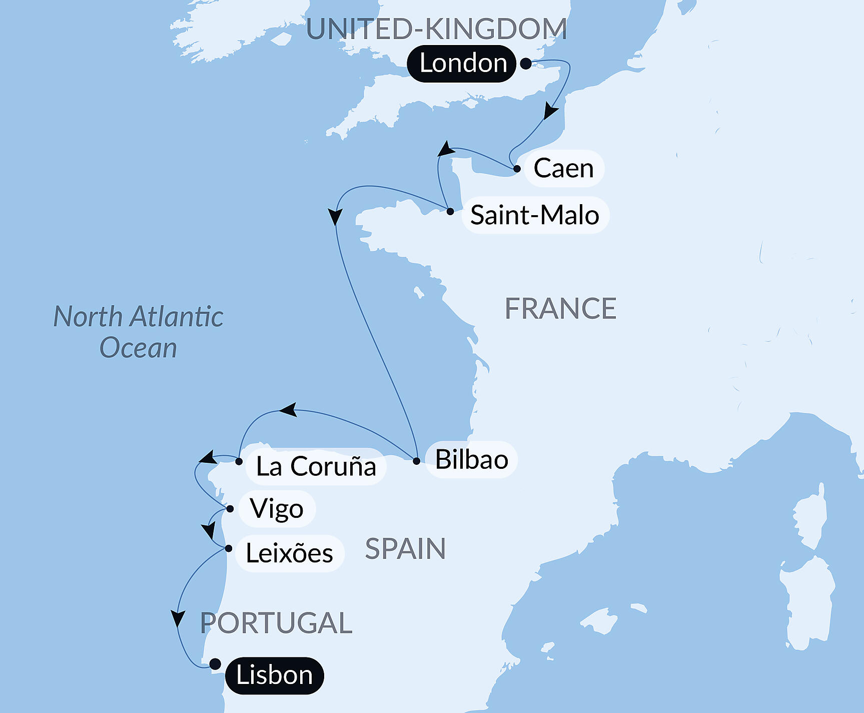 Official PONANT route map for London to Lisbon: Cruising Europe's Western Shores – with Smithsonian Journeys aboard Le Champlain, Voyage EC050926