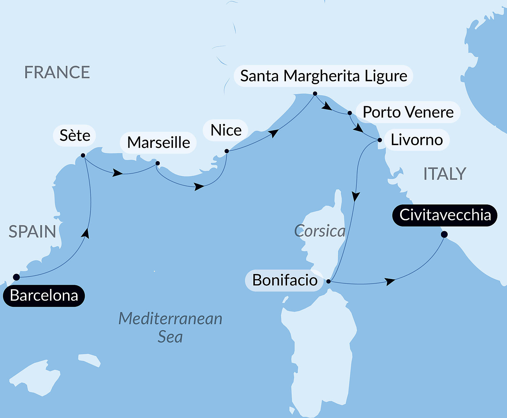 Official PONANT route map for Southern France and the Italian Riviera by Sea – with Smithsonian Journeys aboard Le Champlain, Voyage EC230926