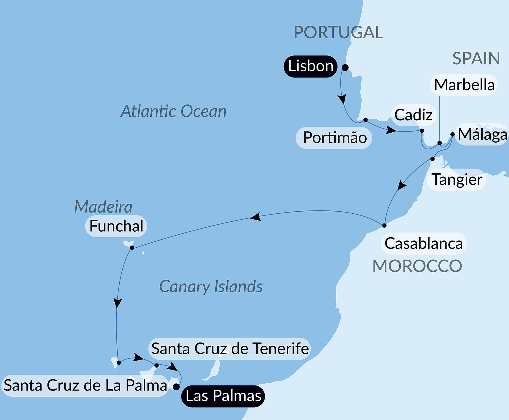 Official PONANT route map for Lisbon to the Canary Islands by Sea: Spain, Morocco, & Atlantic Isles – with Smithsonian Journeys aboard Le Champlain, Voyage EC191027