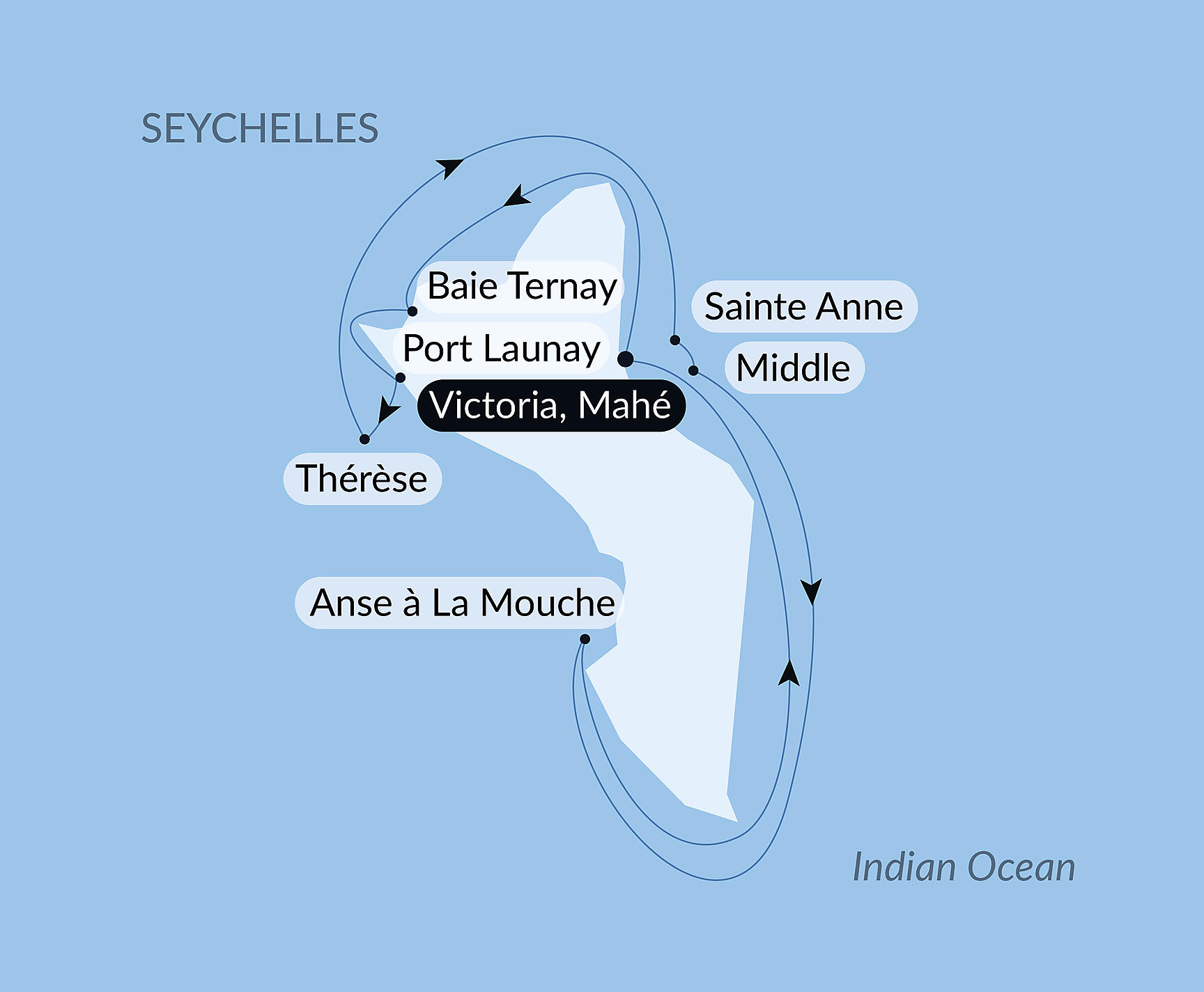 Official PONANT route map for The Seychelles, under sail aboard the Spirit of Ponant aboard Spirit of Ponant, Voyage S1121226
